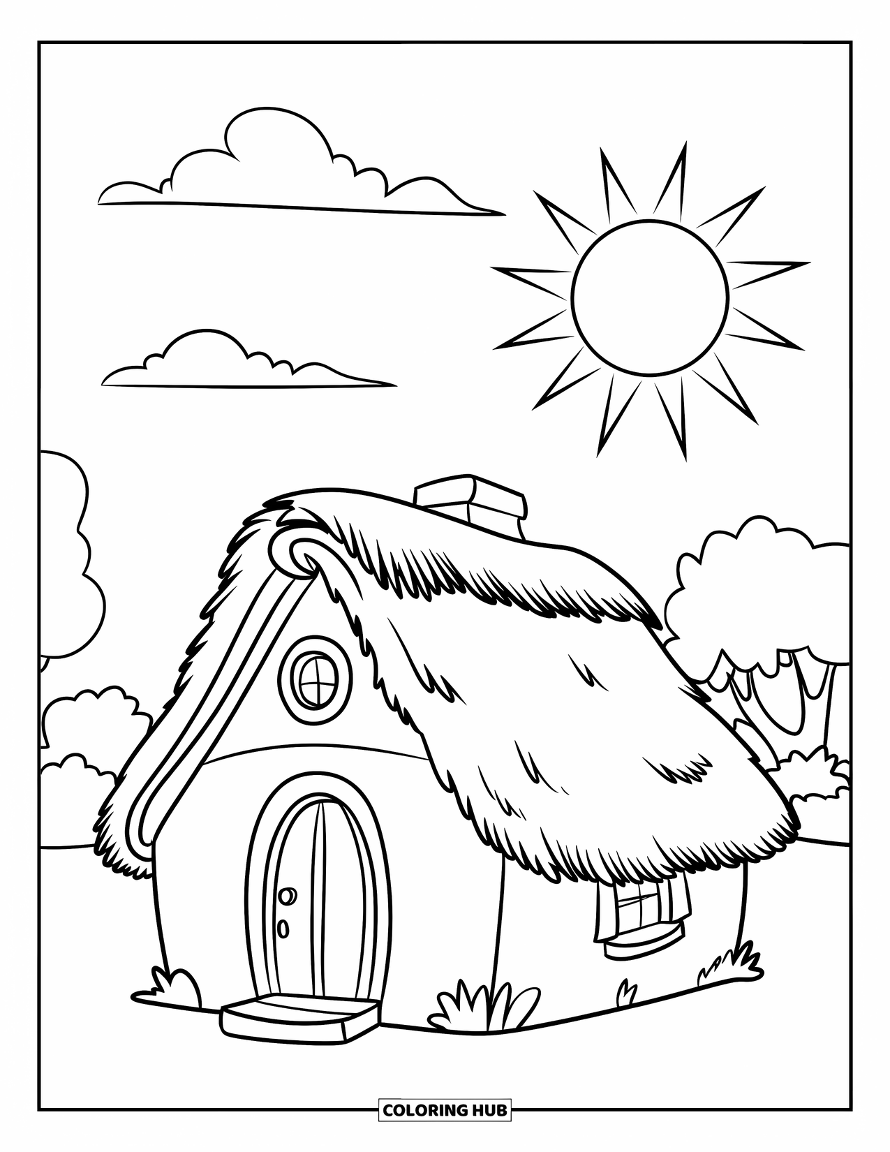 Home Coloring Page for Kids: A small thatched home beneath a bright sun and fluffy clouds