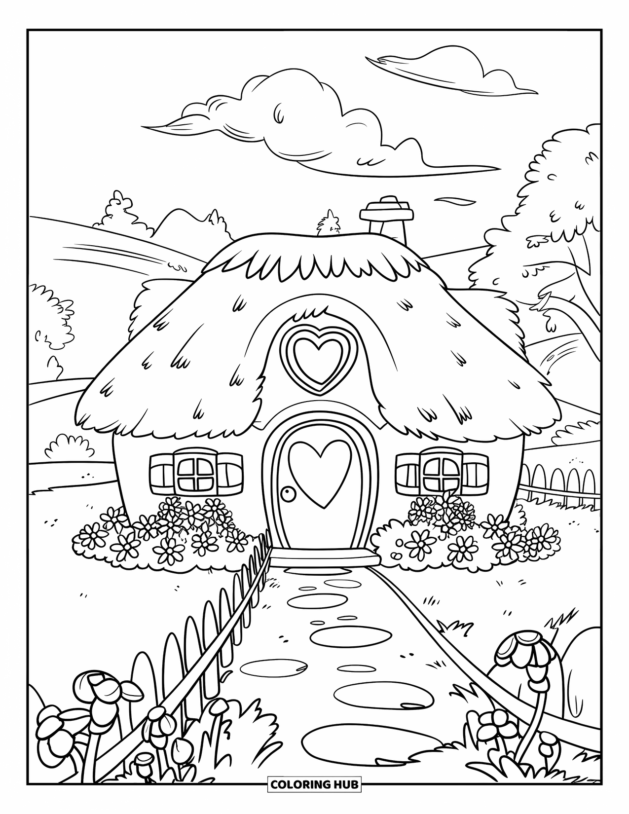 Home Coloring Page for Kids: A sweet house with a heart window, hills, and a flower path