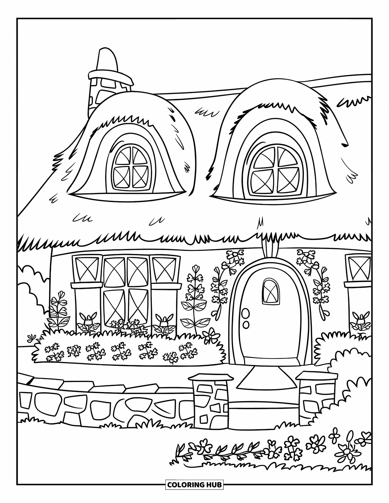 Home Coloring Page for Kids: A thatched cottage with flowers, a stone wall, and sunny skies