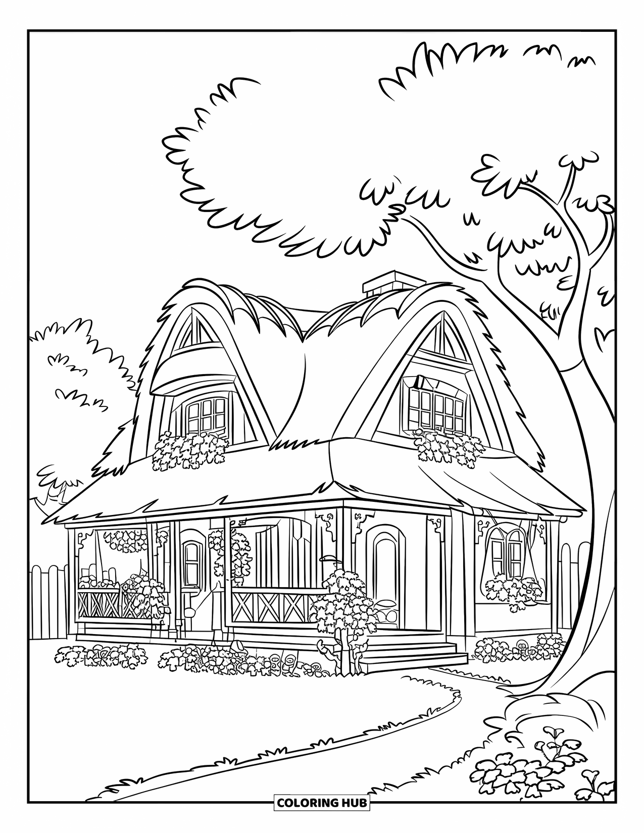 Home Coloring Page for Kids: A two-story home with a porch, flowers, and a garden path