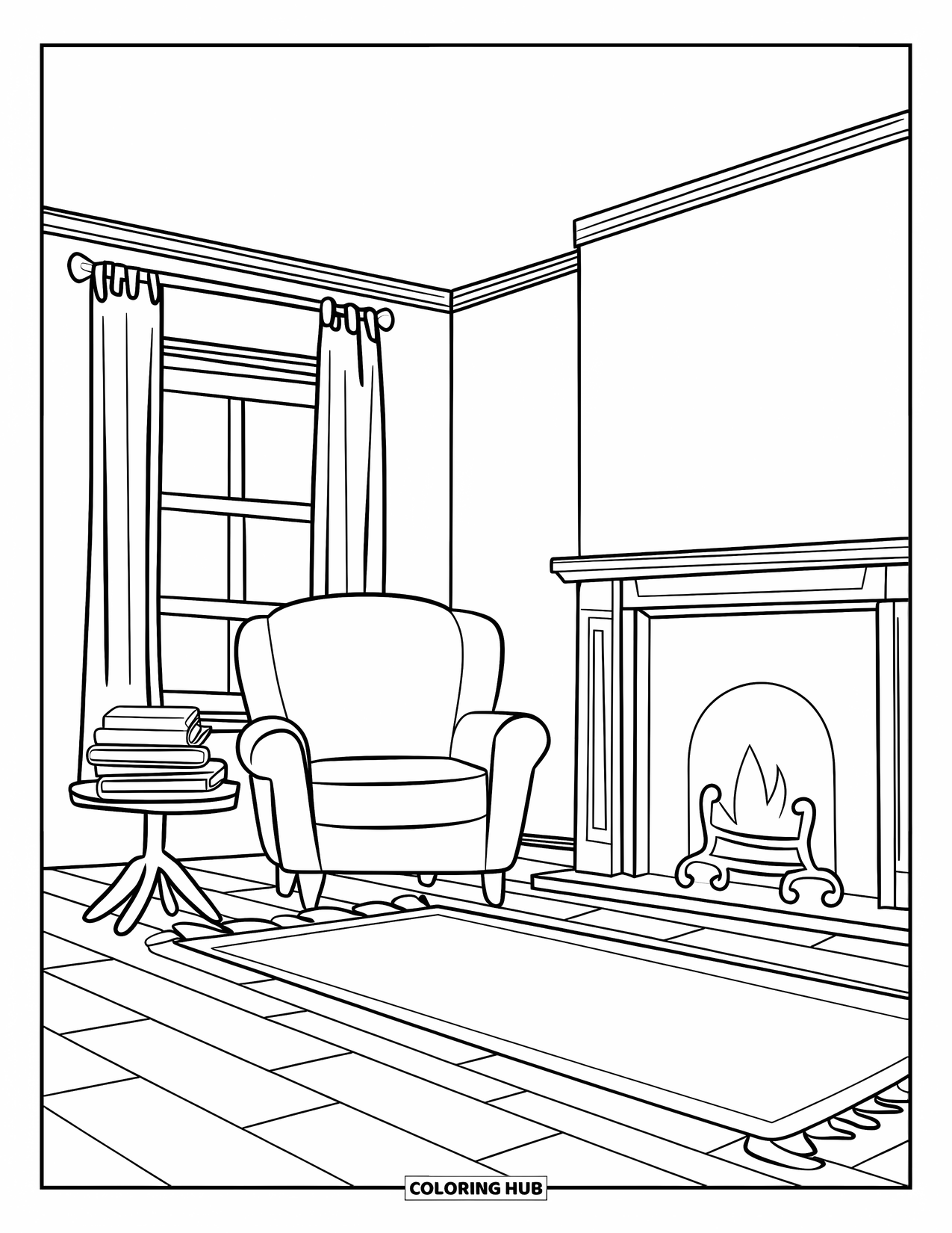 Home Coloring Page for Kids: A warm living room with a fireplace, rug, and a window with curtains
