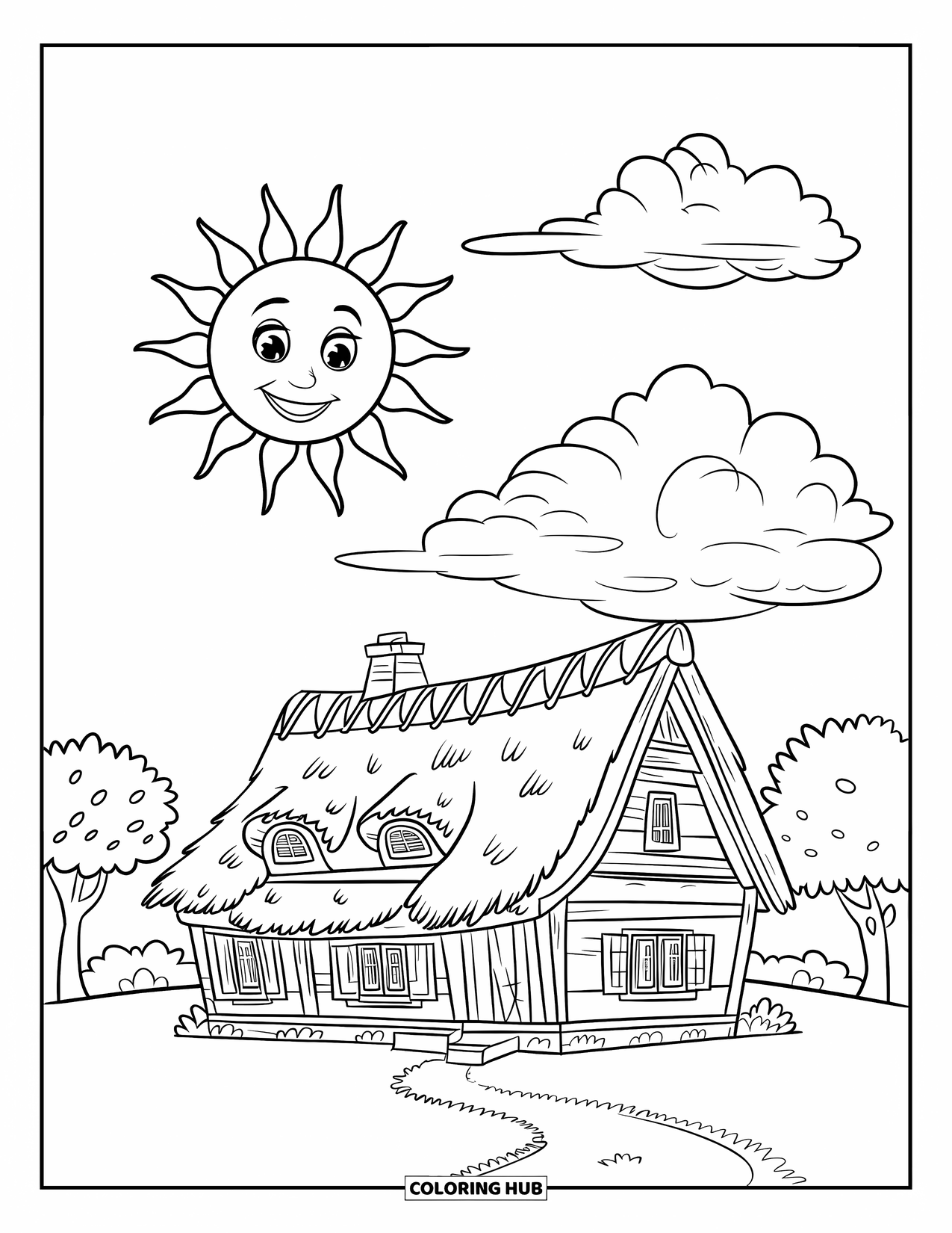 Home Coloring Page for Kids: A wooden home with a path, fluffy clouds, and a smiling sun