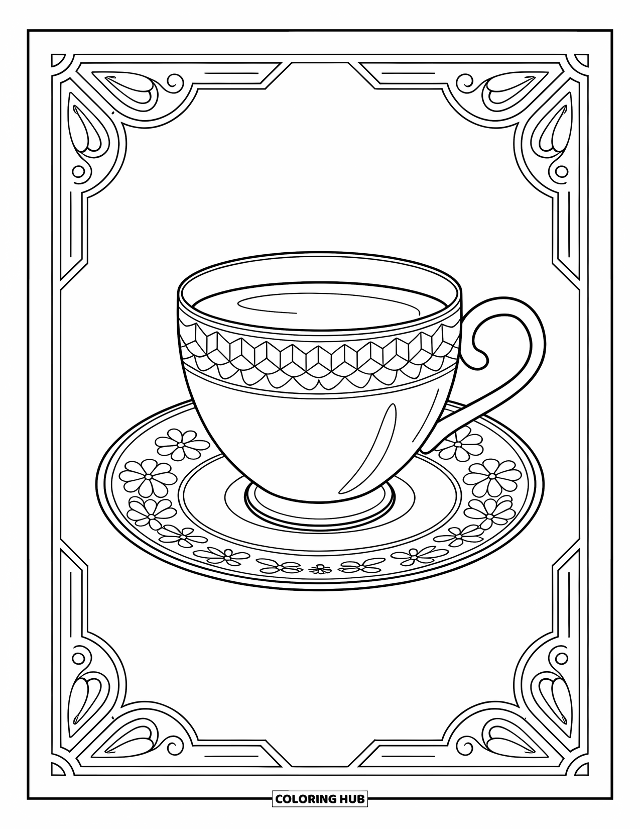 Hot Chocolate Coloring Page for Adults: A cocoa cup with a floral saucer framed by ornate geometric swirls