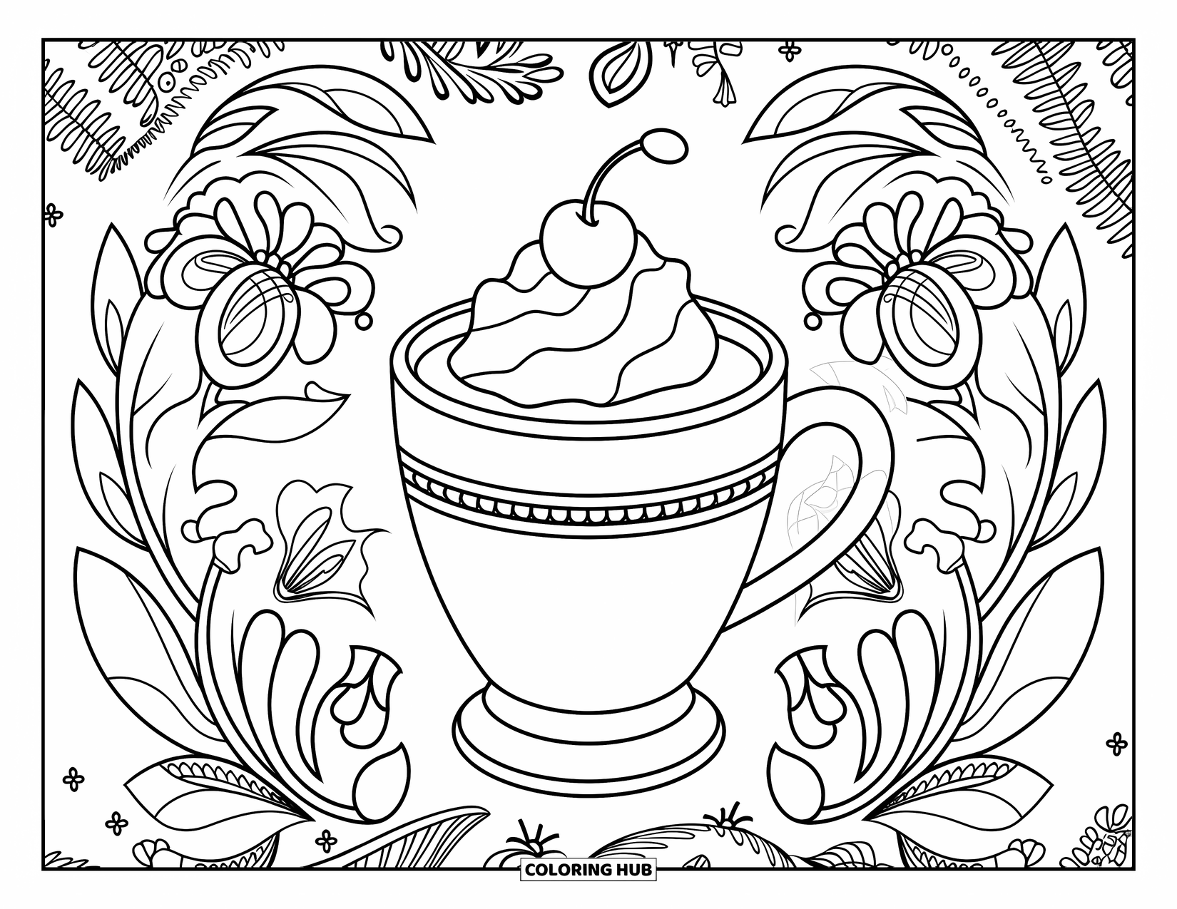 Hot Chocolate Coloring Page for Adults: A cocoa mug with whipped cream and a cherry among floral patterns