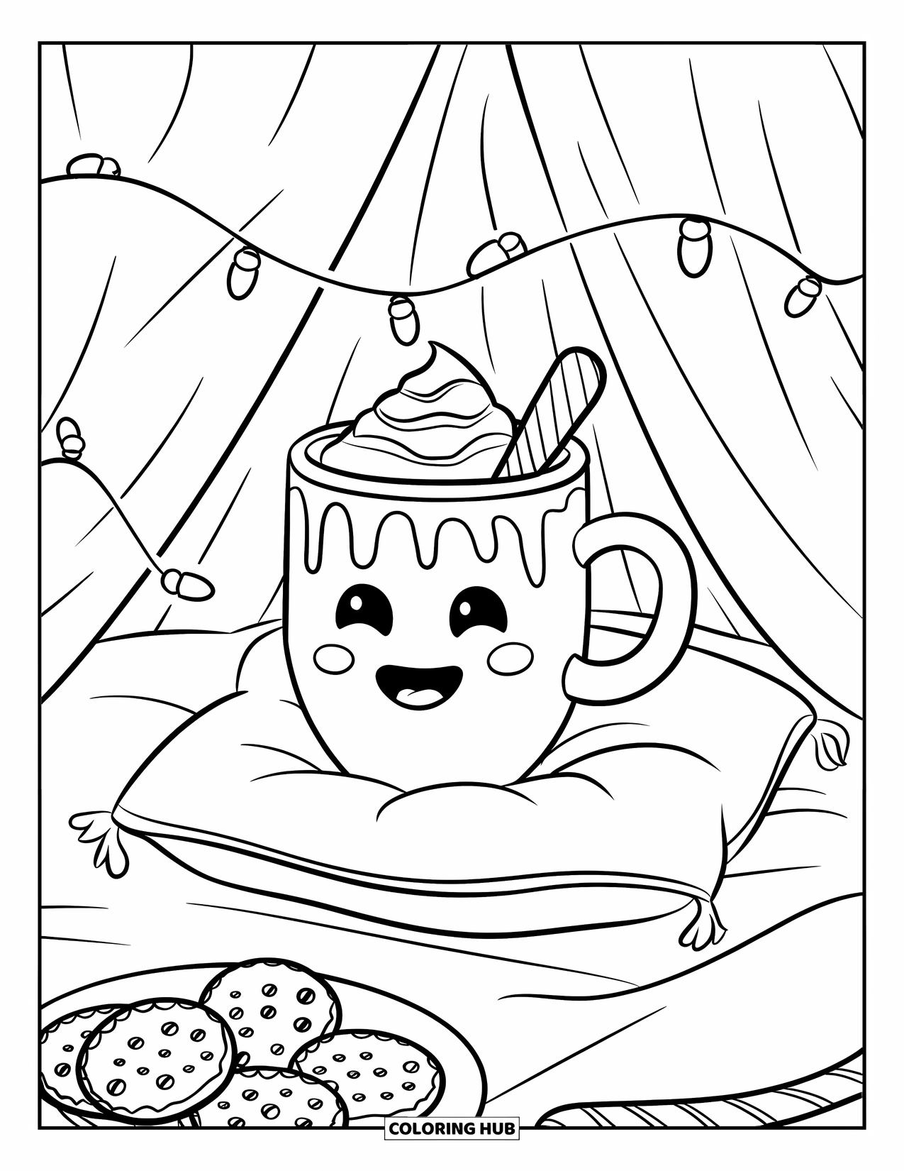 Hot Chocolate Coloring Page for Adults: A cocoa mug with whipped cream and cookies inside a blanket fort