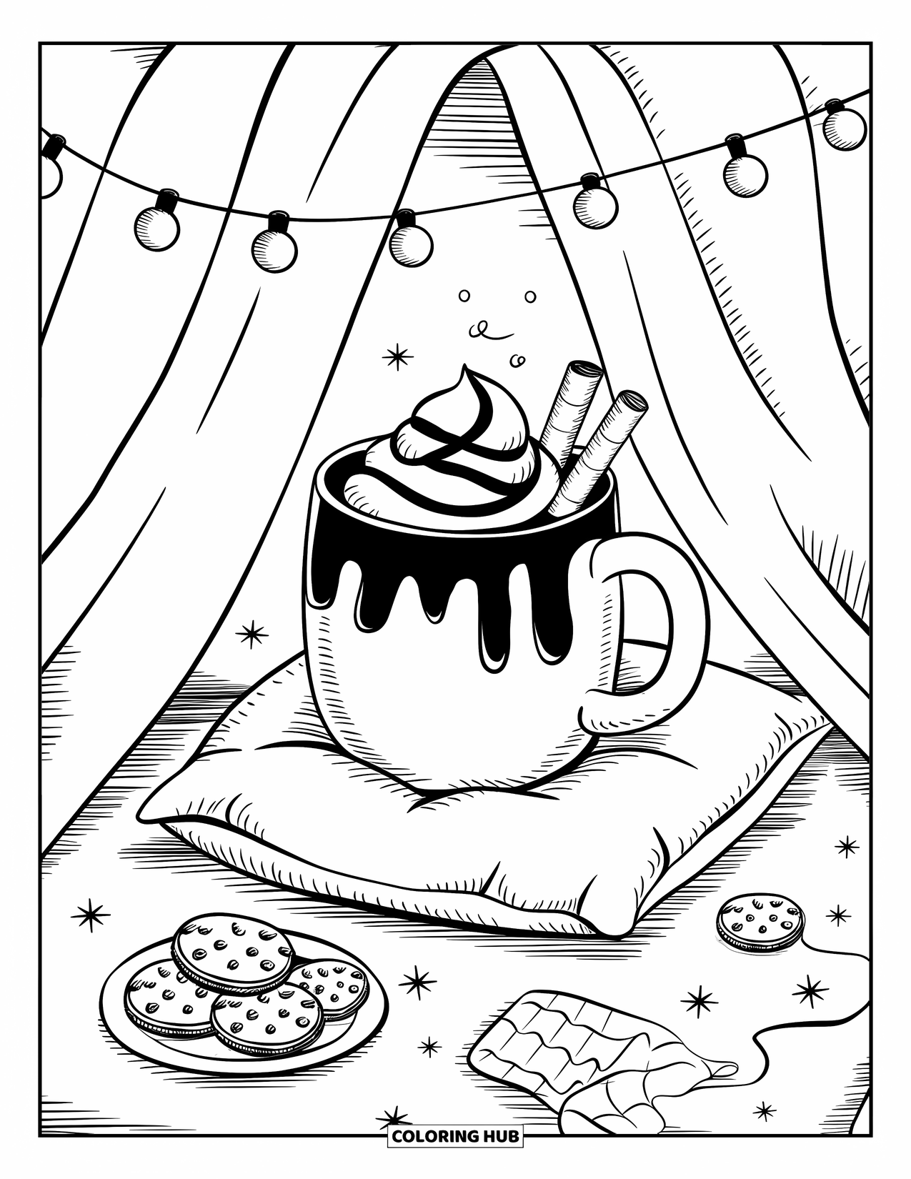 Hot Chocolate Coloring Page for Adults: A cocoa mug with whipped cream and cookies under glowing fairy lights