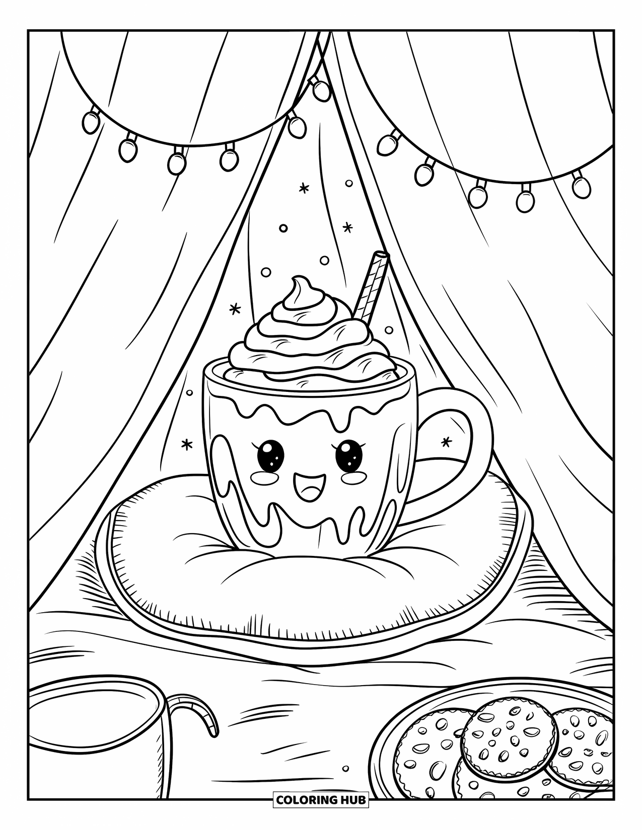 Hot Chocolate Coloring Page for Adults: A cozy blanket fort with a cocoa mug and gingerbread cookies