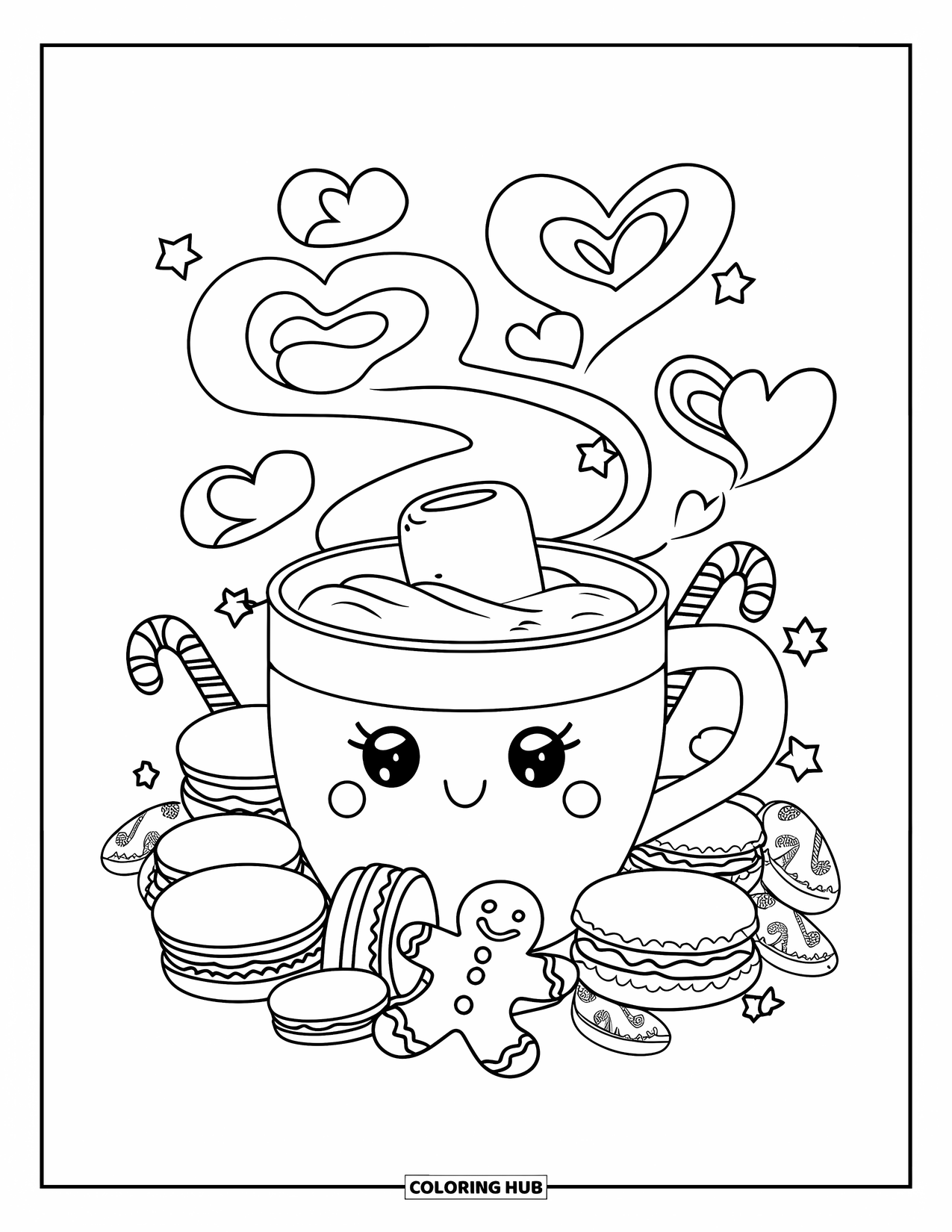 Hot Chocolate Coloring Page for Adults: A cute cocoa mug surrounded by macarons, gingerbread men, and candy canes
