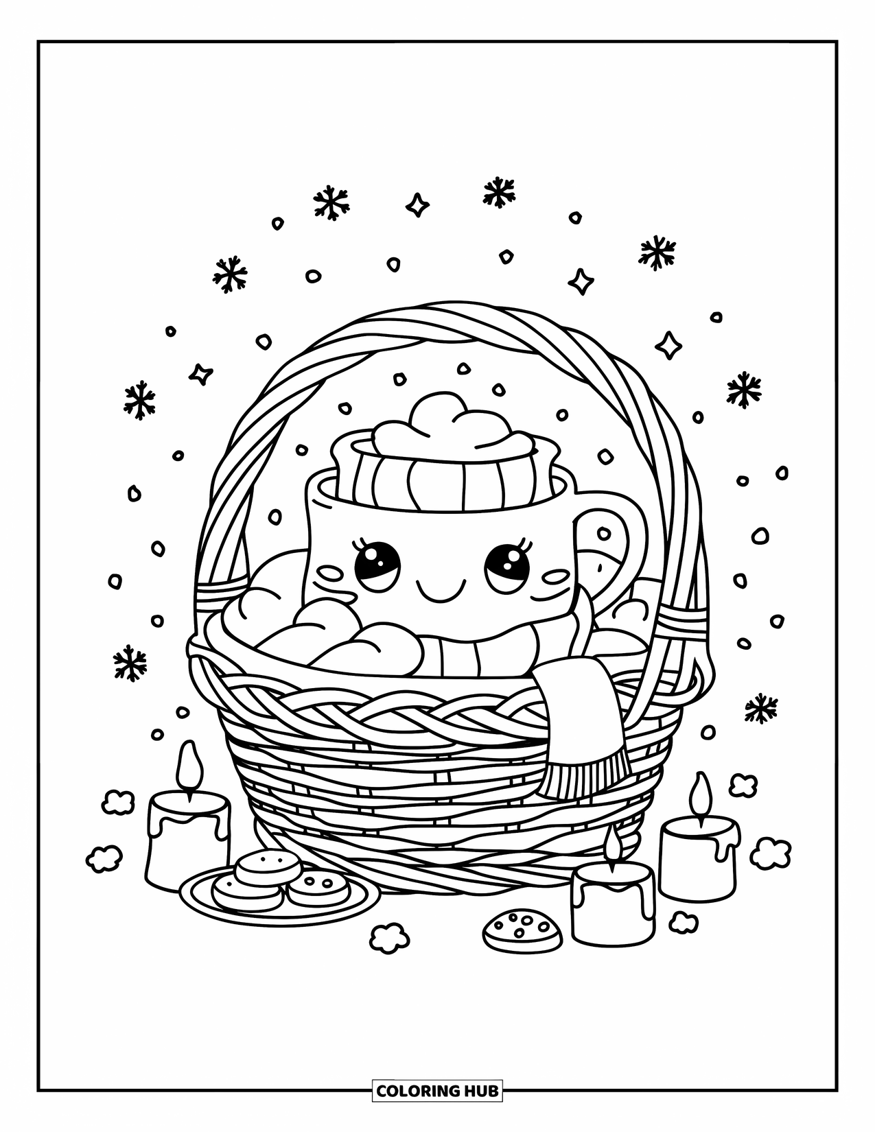 Hot Chocolate Coloring Page for Adults: A cute cocoa mug wrapped in a scarf sits in a basket with candles