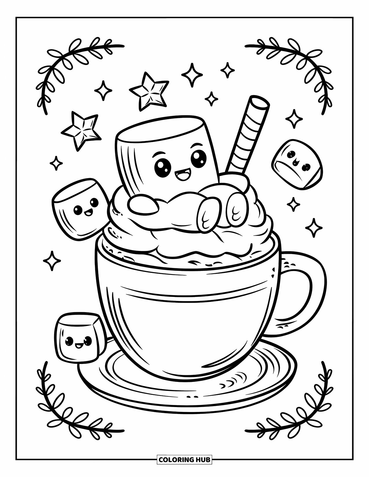 Hot Chocolate Coloring Page for Adults: A marshmallow floats on whipped cream with cheering friends and star borders