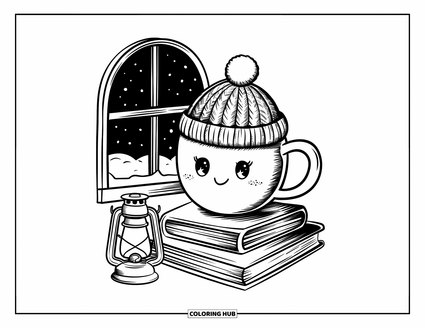 Hot Chocolate Coloring Page for Adults: A smiling cocoa mug in a winter hat sits on books by a lantern