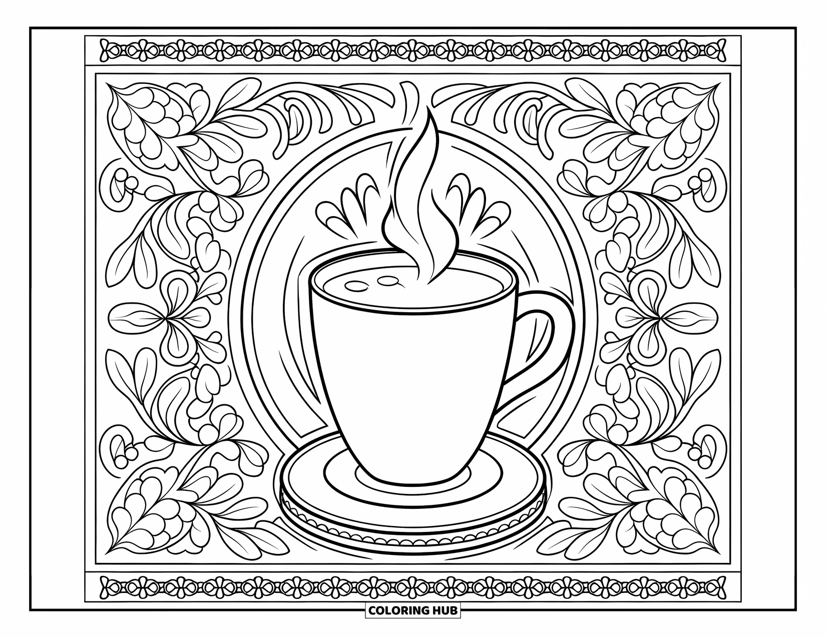 Hot Chocolate Coloring Page for Adults: A steaming cocoa mug on a coaster with floral border patterns