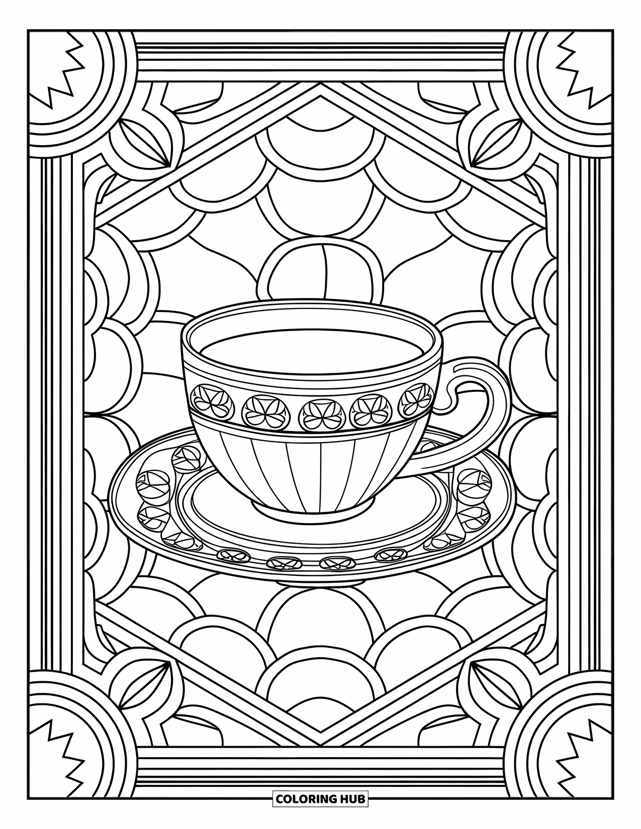 Hot Chocolate Coloring Page for Adults: An elegant cocoa cup on a saucer within a circular geometric pattern