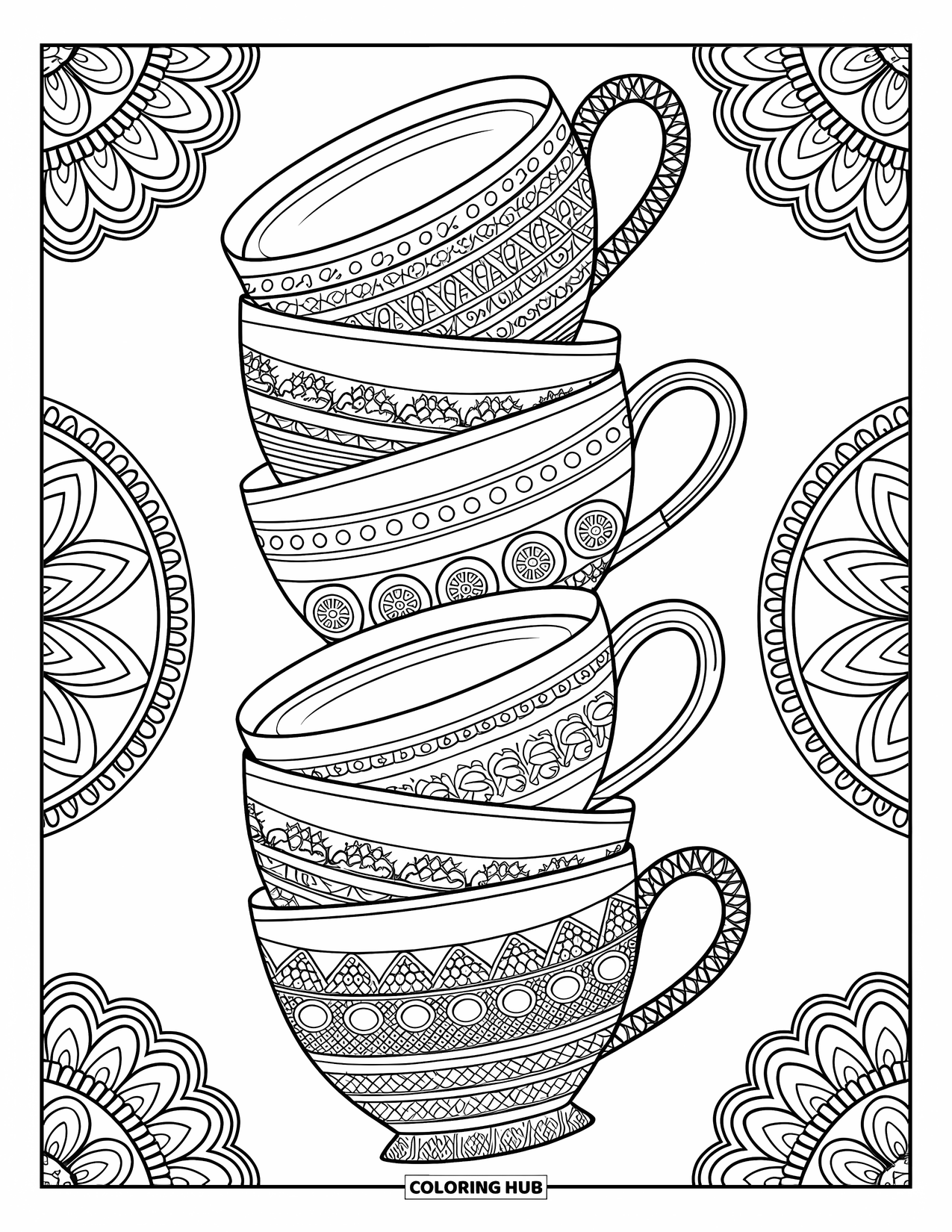 Hot Chocolate Coloring Page for Adults: Stacked cocoa mugs with intricate designs and patterned background