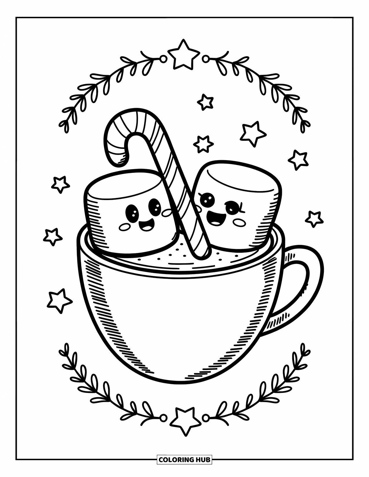 Hot Chocolate Coloring Page for Adults: Two happy marshmallows share a candy cane in a cocoa mug