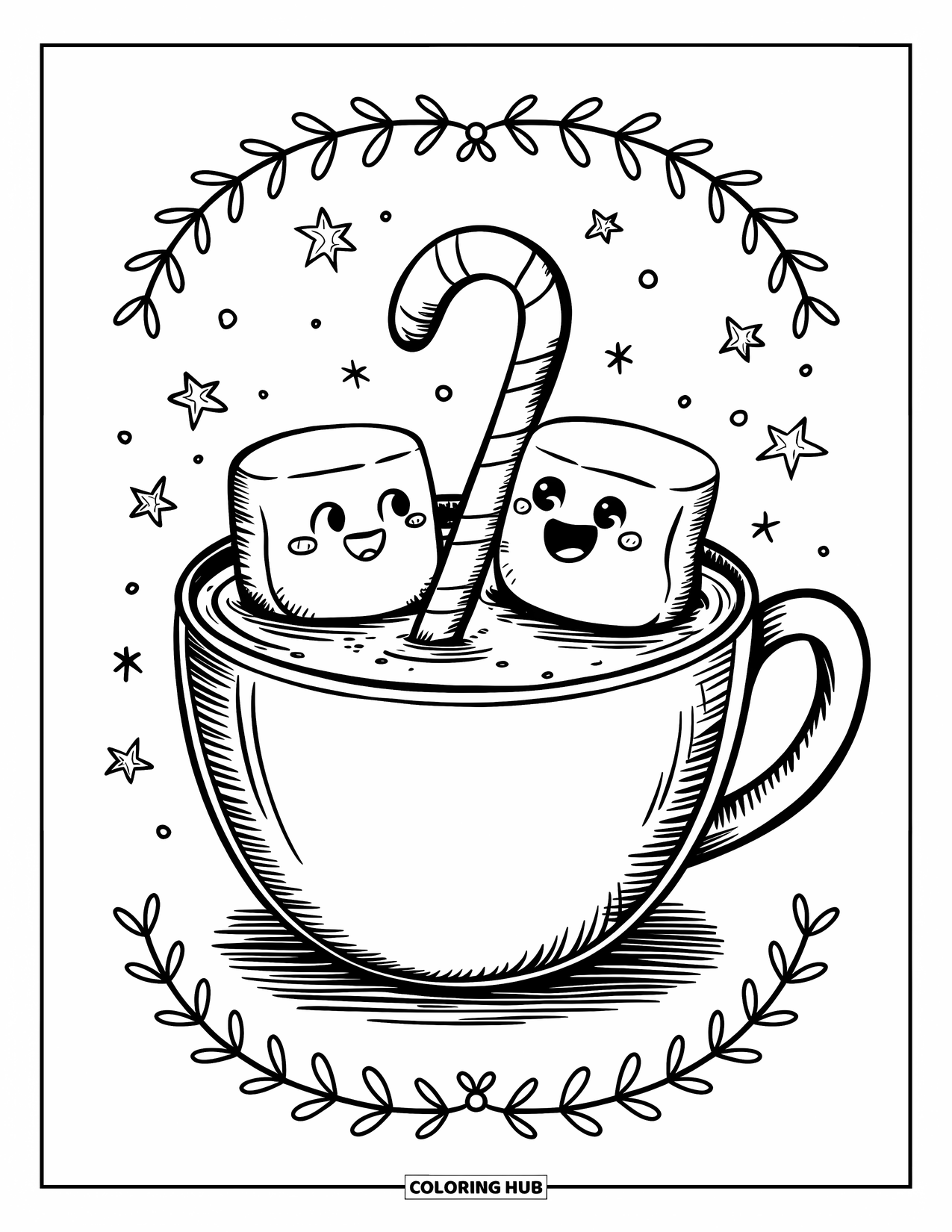 Hot Chocolate Coloring Page for Adults: Two marshmallows share a candy cane while floating in cocoa