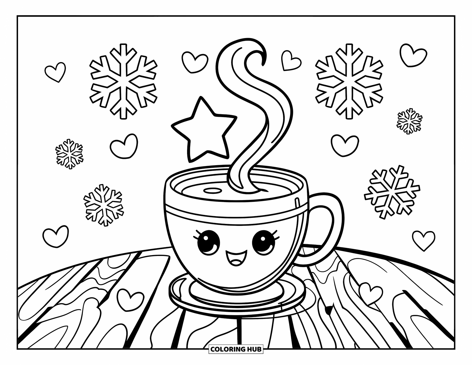 Hot Chocolate Coloring Page for Kids: A cheerful mug with star-shaped steam, snowflakes, and hearts