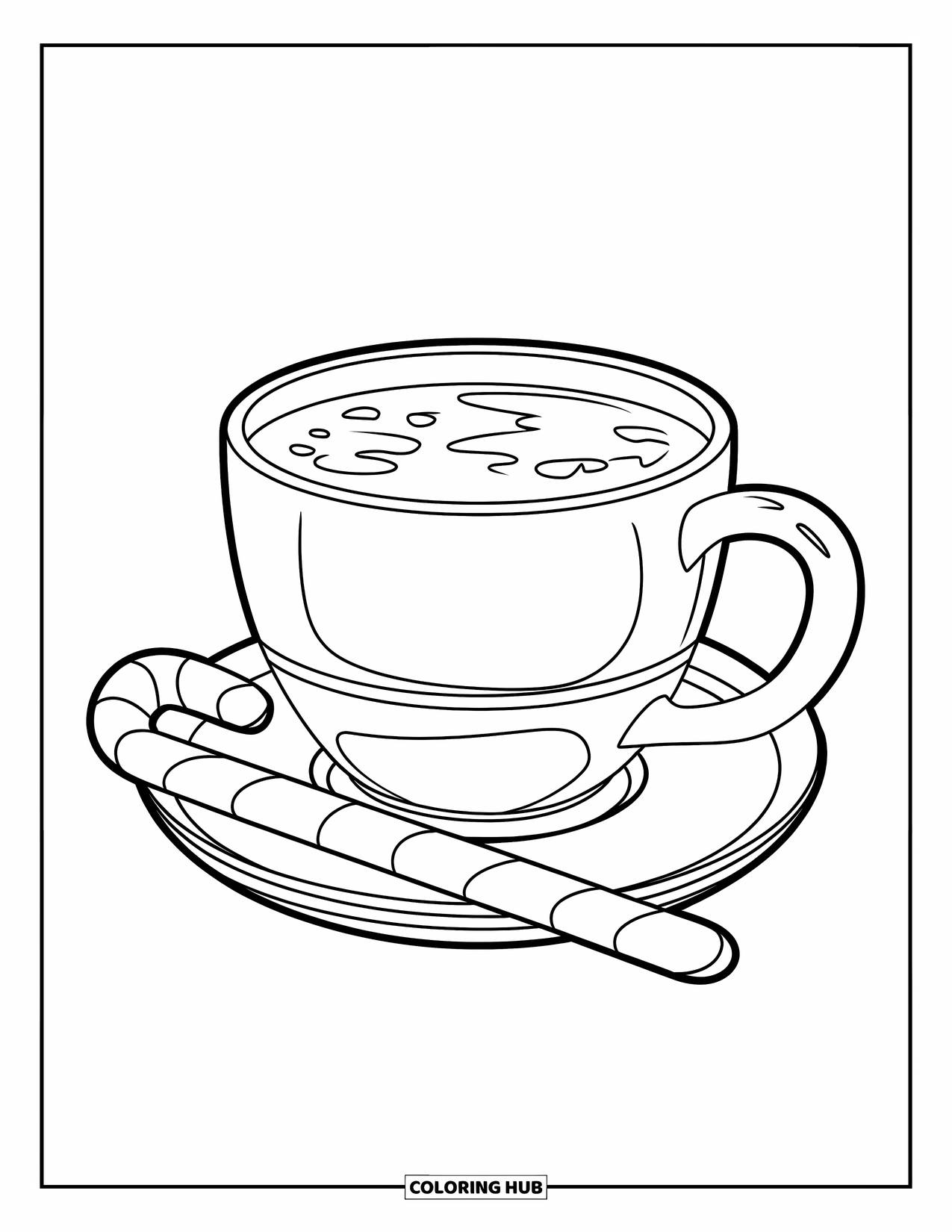 Hot Chocolate Coloring Page for Kids: A cocoa cup on a saucer with a candy cane beside it
