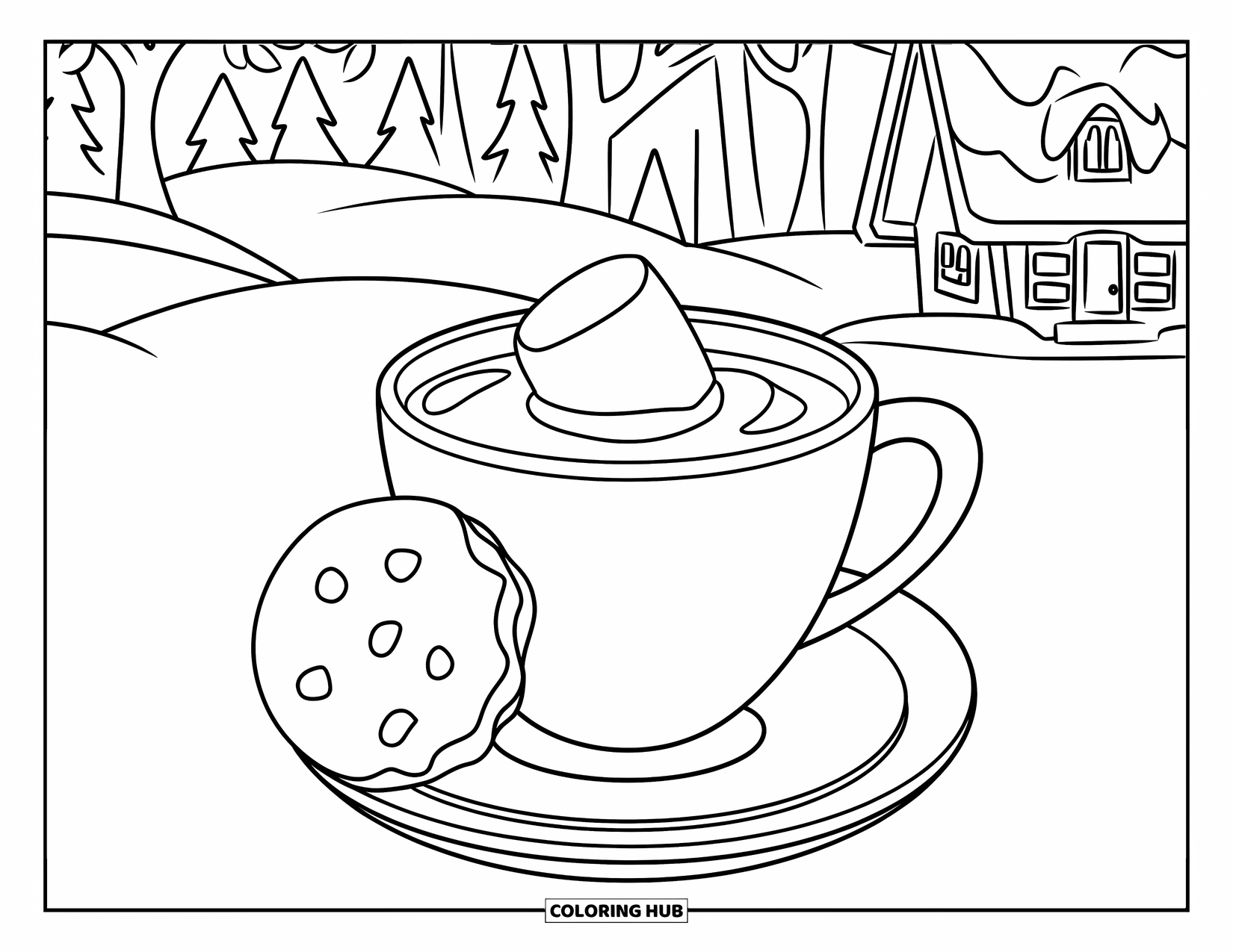 Hot Chocolate Coloring Page for Kids: A cocoa cup with a marshmallow and cookie in a snowy scene