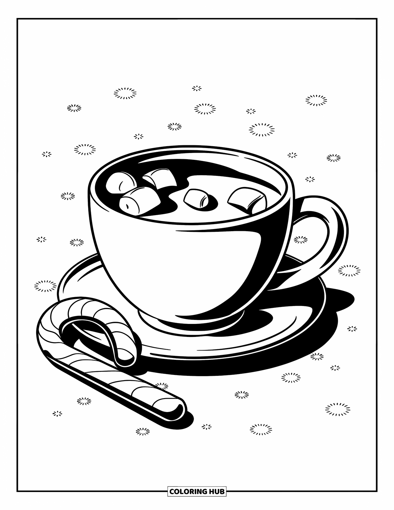 Hot Chocolate Coloring Page for Kids: A cocoa cup with marshmallows and a candy cane beside it