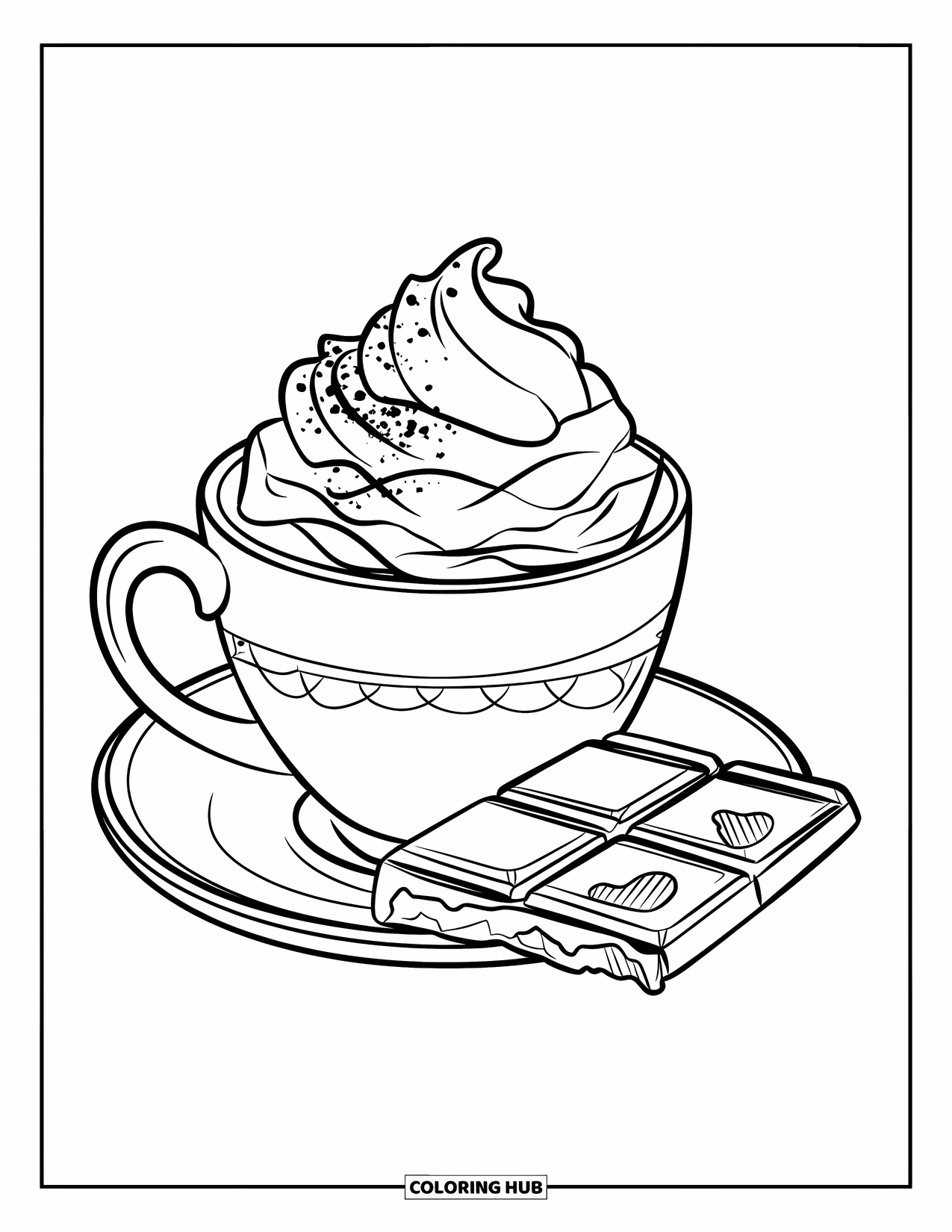 Hot Chocolate Coloring Page for Kids: A cocoa cup with whipped cream and a bitten chocolate bar