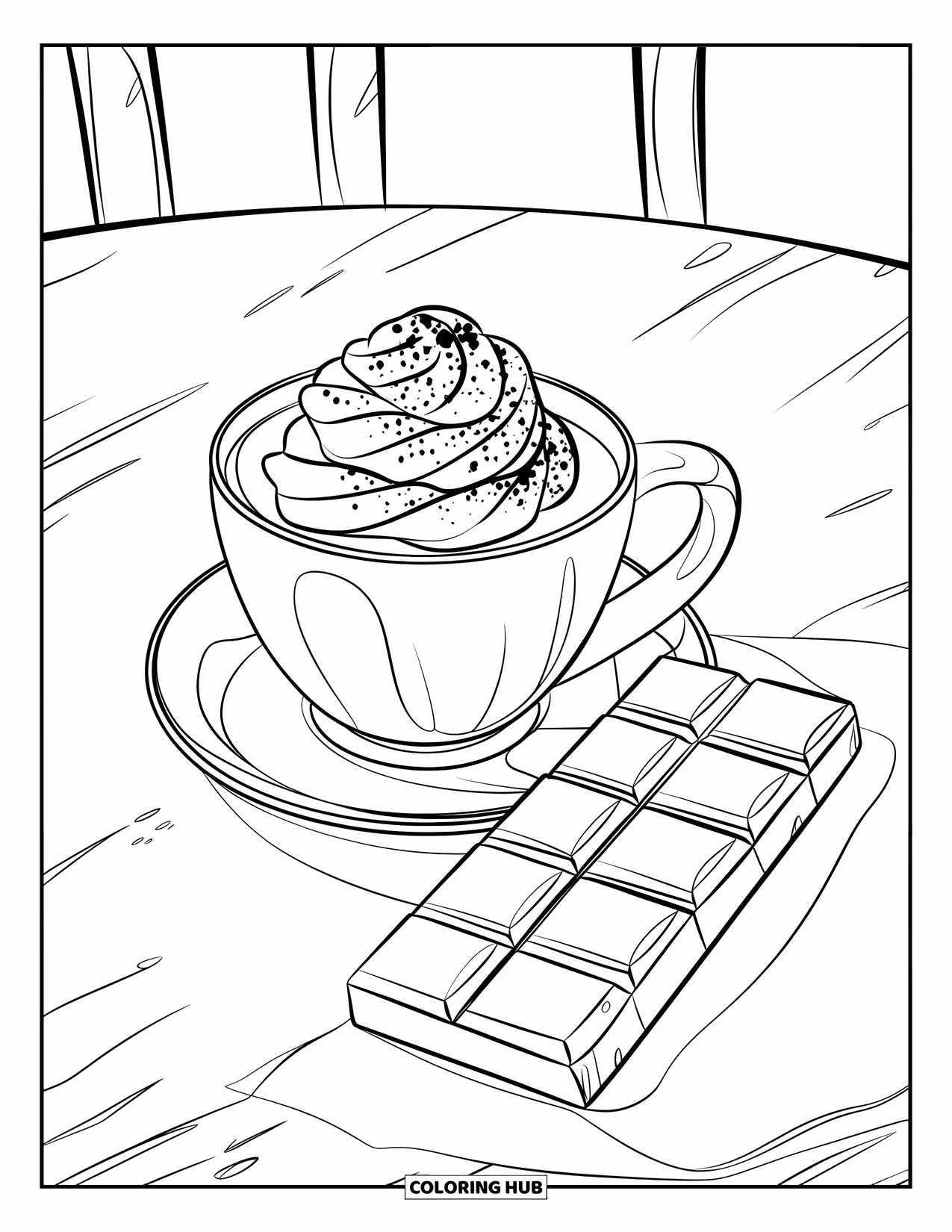 Hot Chocolate Coloring Page for Kids: A cocoa cup with whipped cream and a chocolate bar on a table