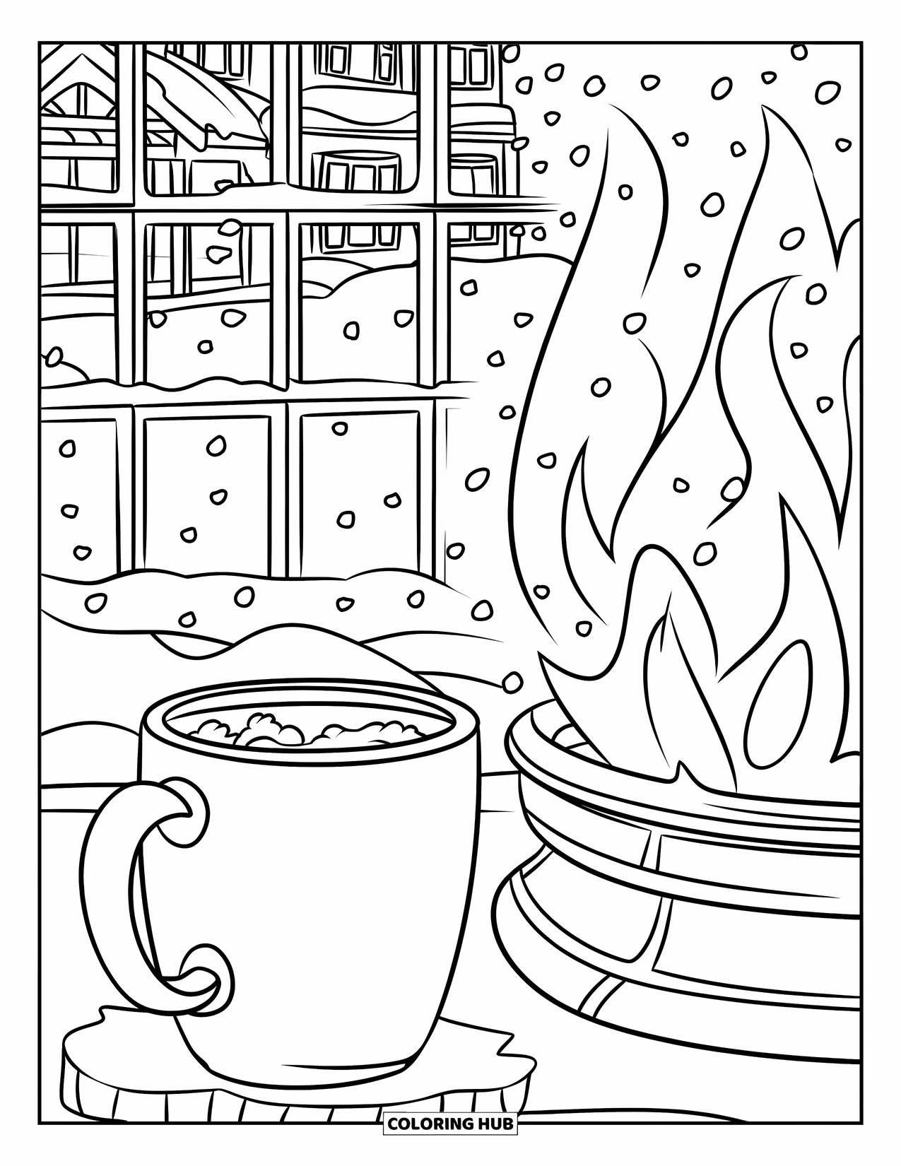 Hot Chocolate Coloring Page for Kids: A cocoa mug beside a glowing fireplace with snow falling outside
