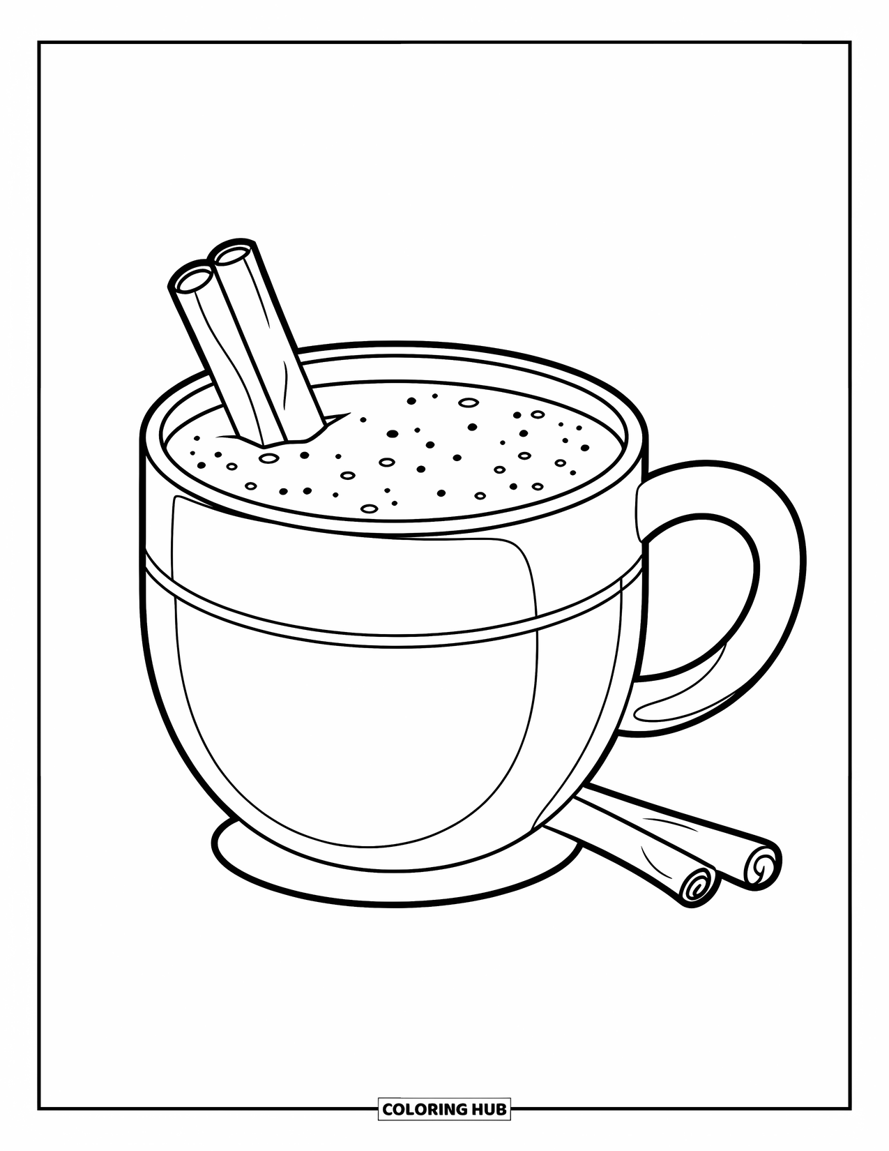 Hot Chocolate Coloring Page for Kids: A cocoa mug with a cinnamon stick and a cheerful vibe