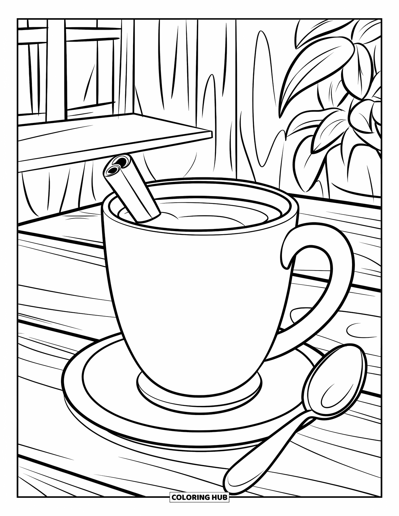 Hot Chocolate Coloring Page for Kids: A cocoa mug with a cinnamon stick on a table beside a spoon