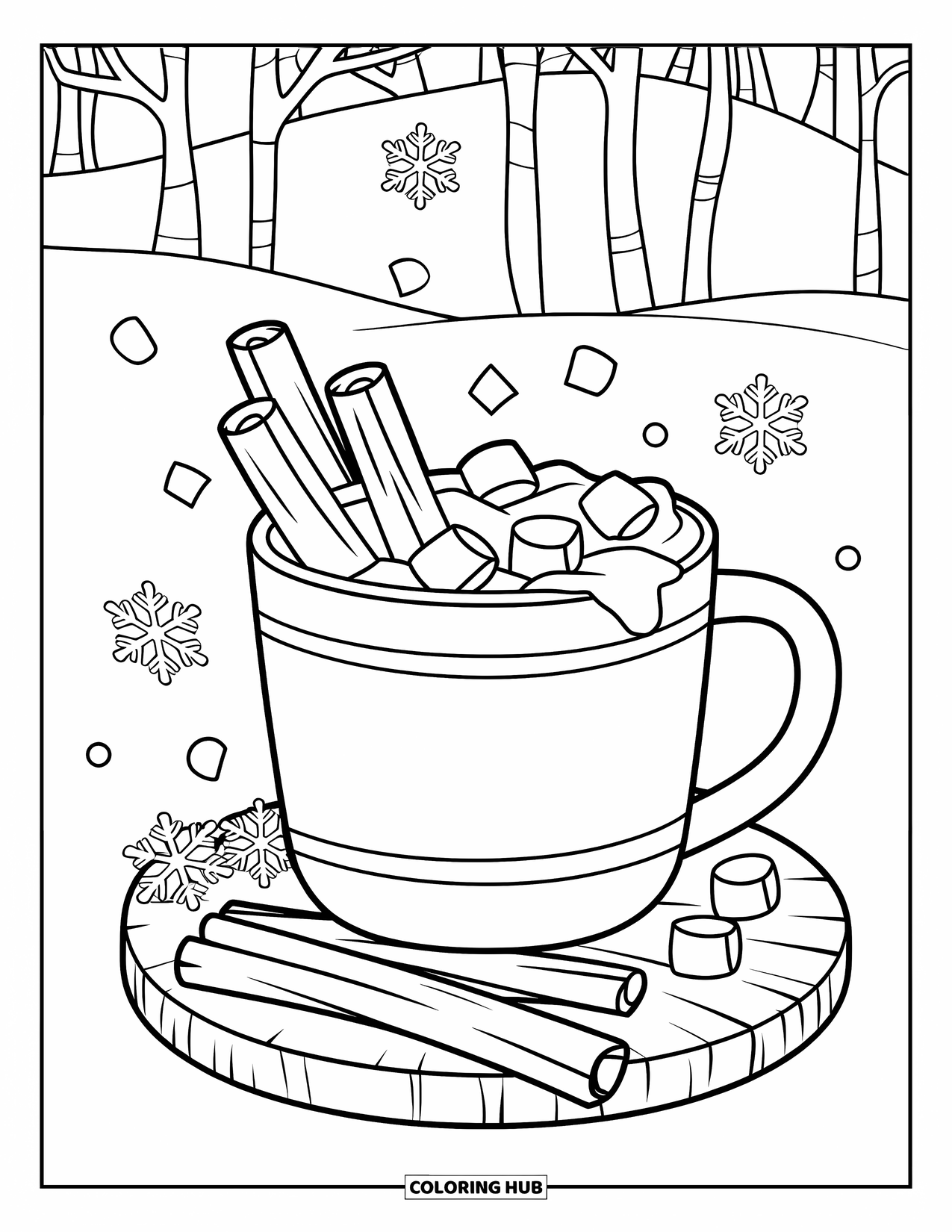 Hot Chocolate Coloring Page for Kids: A cocoa mug with cinnamon sticks and snowflakes