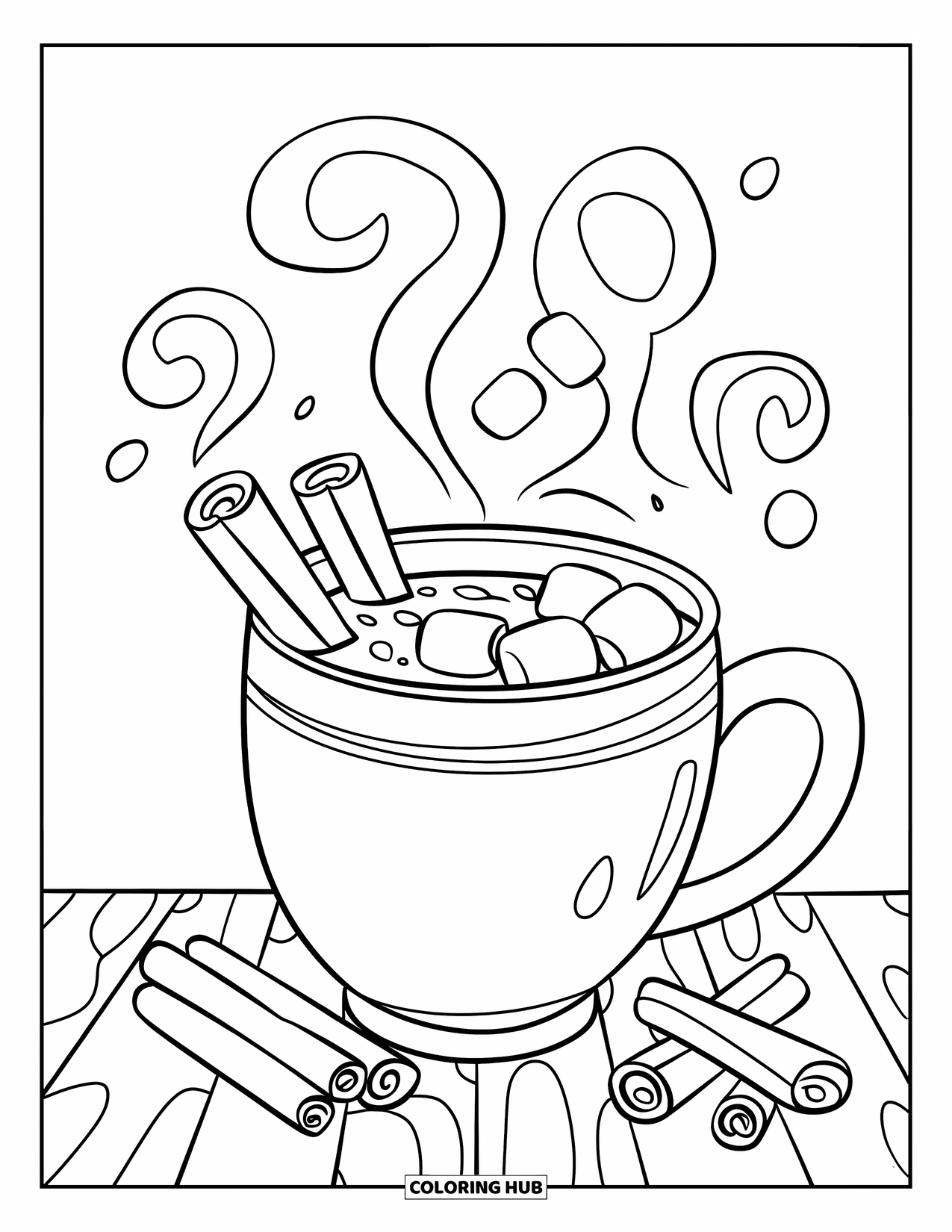 Hot Chocolate Coloring Page for Kids: A cocoa mug with cinnamon sticks and steam
