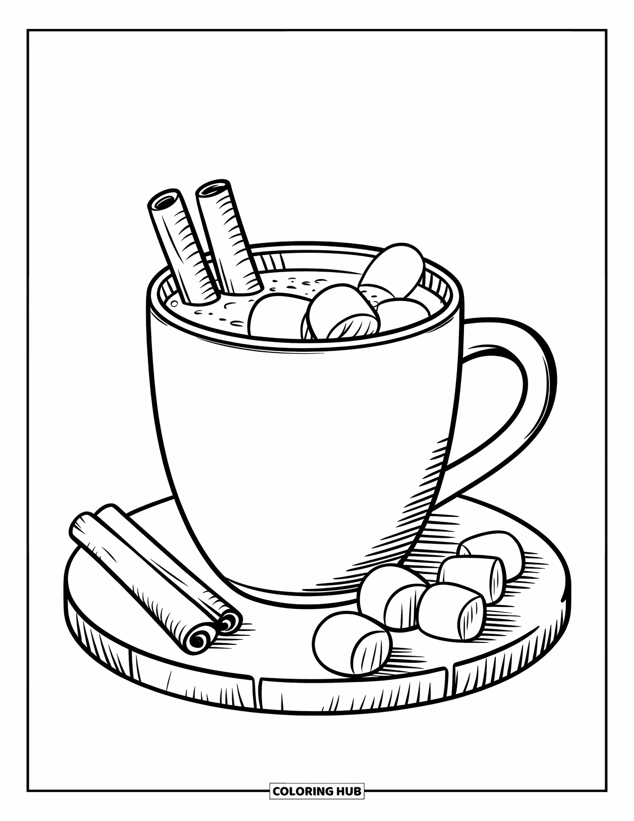 Hot Chocolate Coloring Page for Kids: A cocoa mug with cinnamon sticks on a wooden board