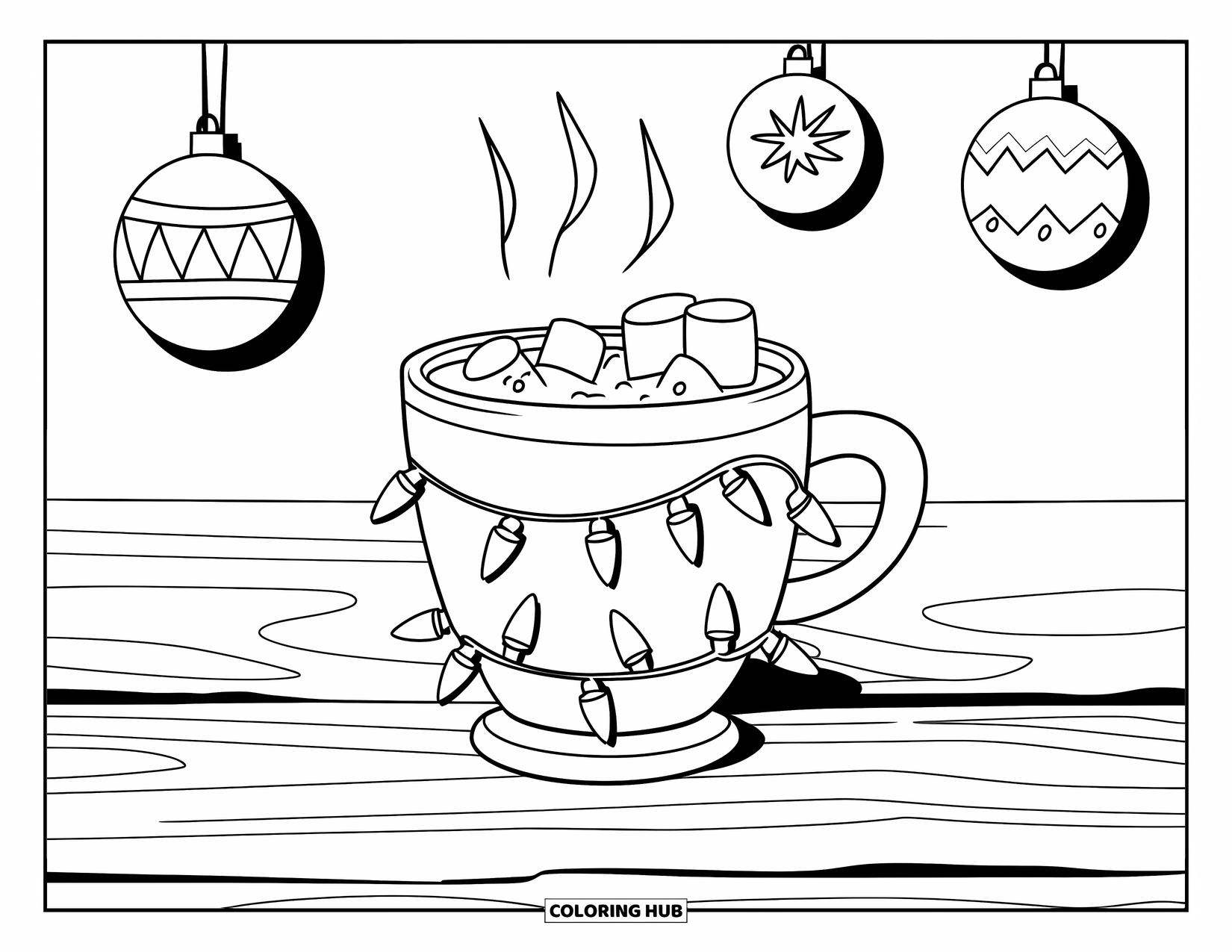 Hot Chocolate Coloring Page for Kids: A cocoa mug with lights and floating marshmallows