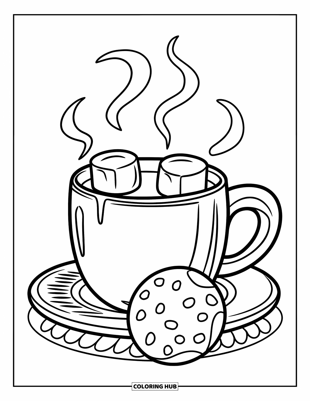 Hot Chocolate Coloring Page for Kids: A cocoa mug with marshmallows and a cookie on the side
