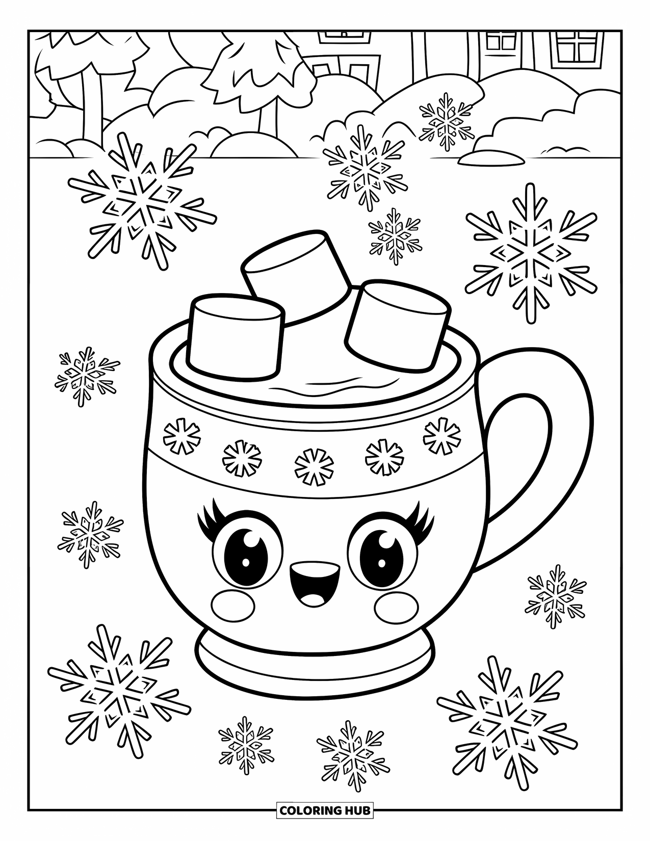 Hot Chocolate Coloring Page for Kids: A cocoa mug with marshmallows surrounded by snowflakes and trees