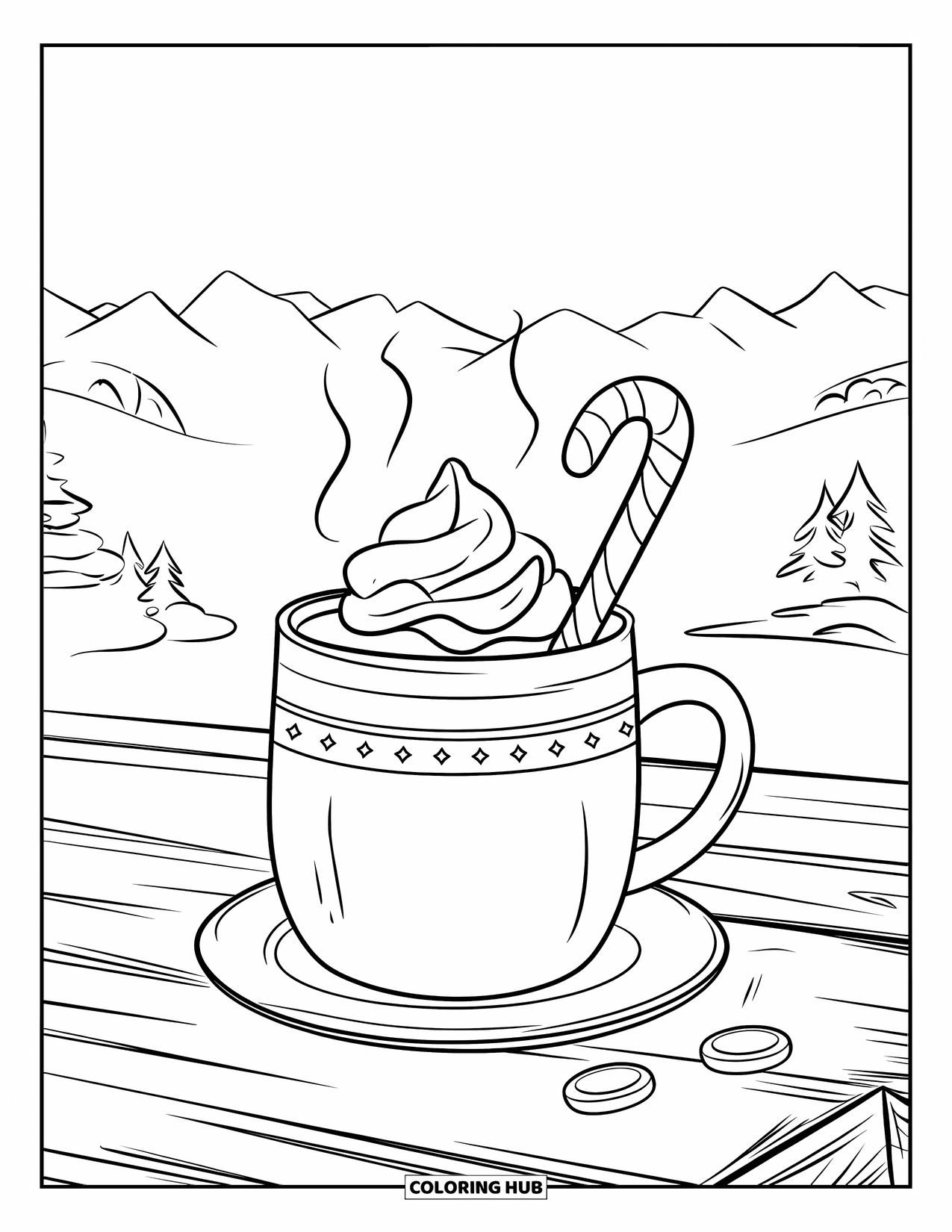 Hot Chocolate Coloring Page for Kids: A cocoa mug with whipped cream, candy cane, and mountain scenery