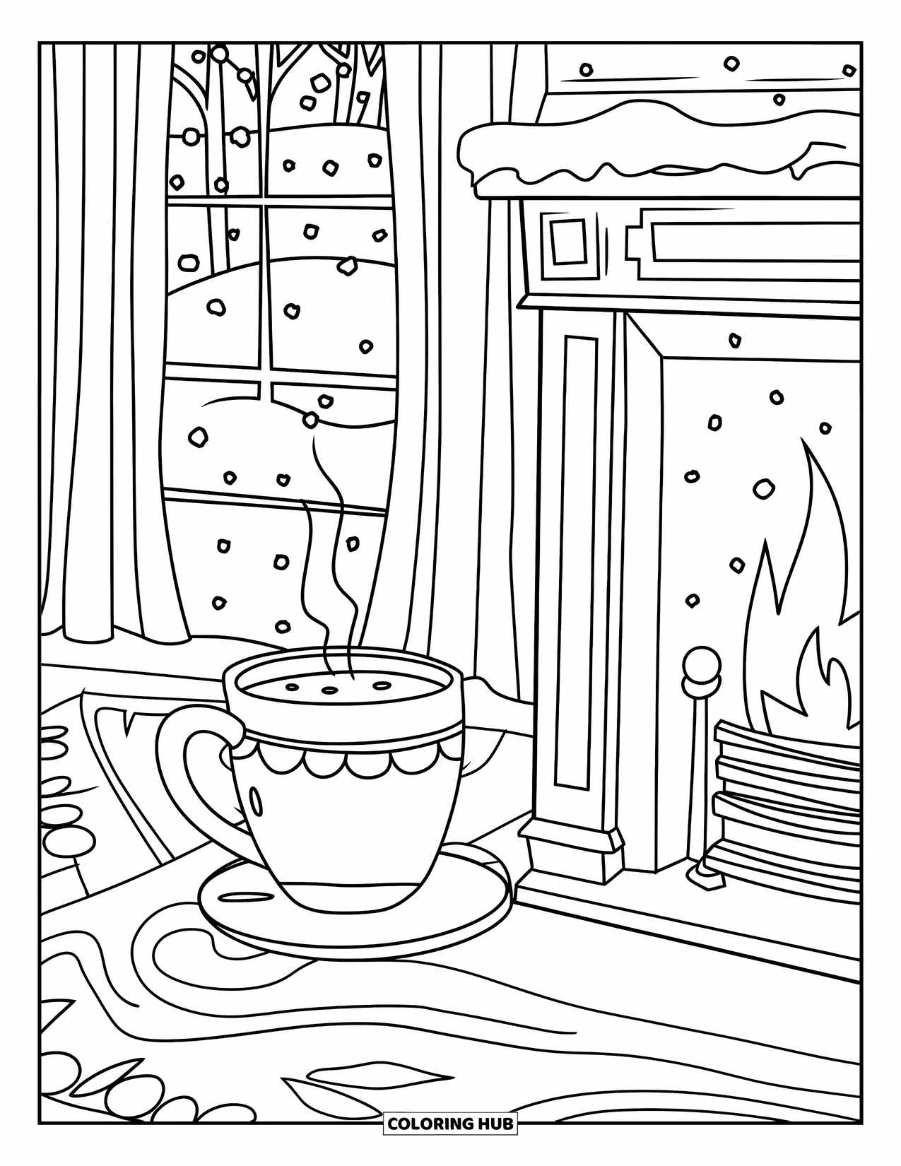 Hot Chocolate Coloring Page for Kids: A cozy room with a cocoa mug, fireplace, and snowy window view