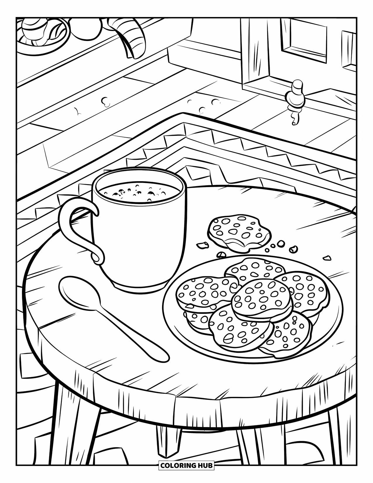 Hot Chocolate Coloring Page for Kids: A cozy room with a mug of cocoa, cookies, and rustic table details