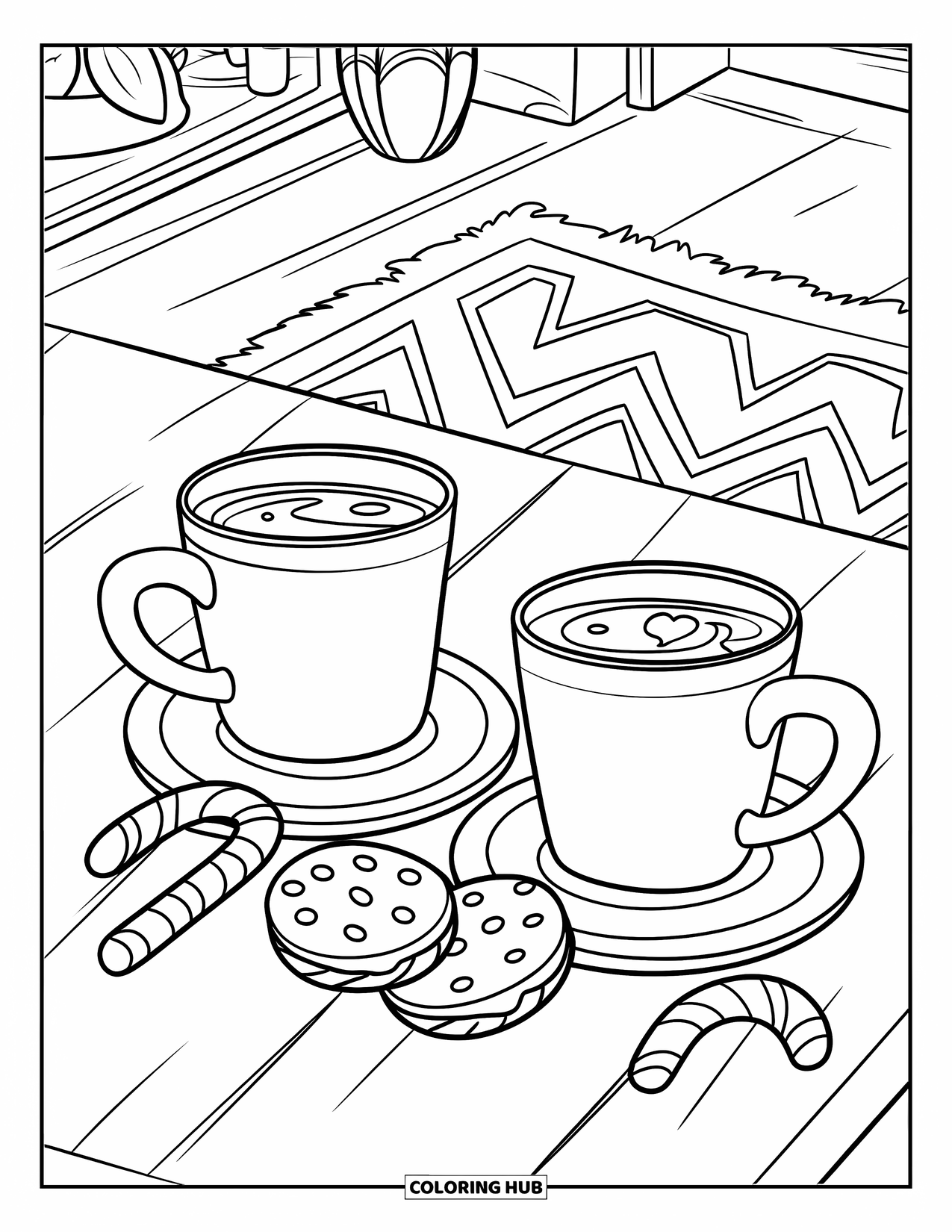 Hot Chocolate Coloring Page for Kids: A cozy table with cocoa mugs, cookies, and candy canes in a warm room