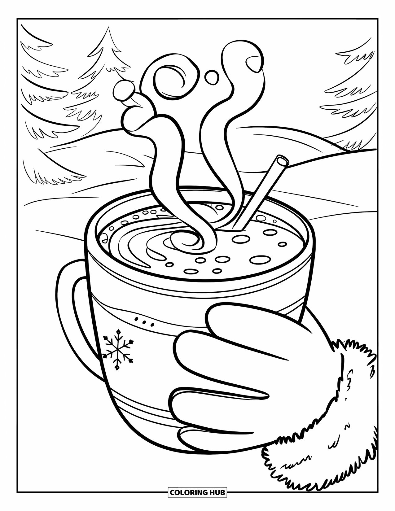 Hot Chocolate Coloring Page for Kids: A gloved hand holding a cocoa mug in a snowy outdoor scene