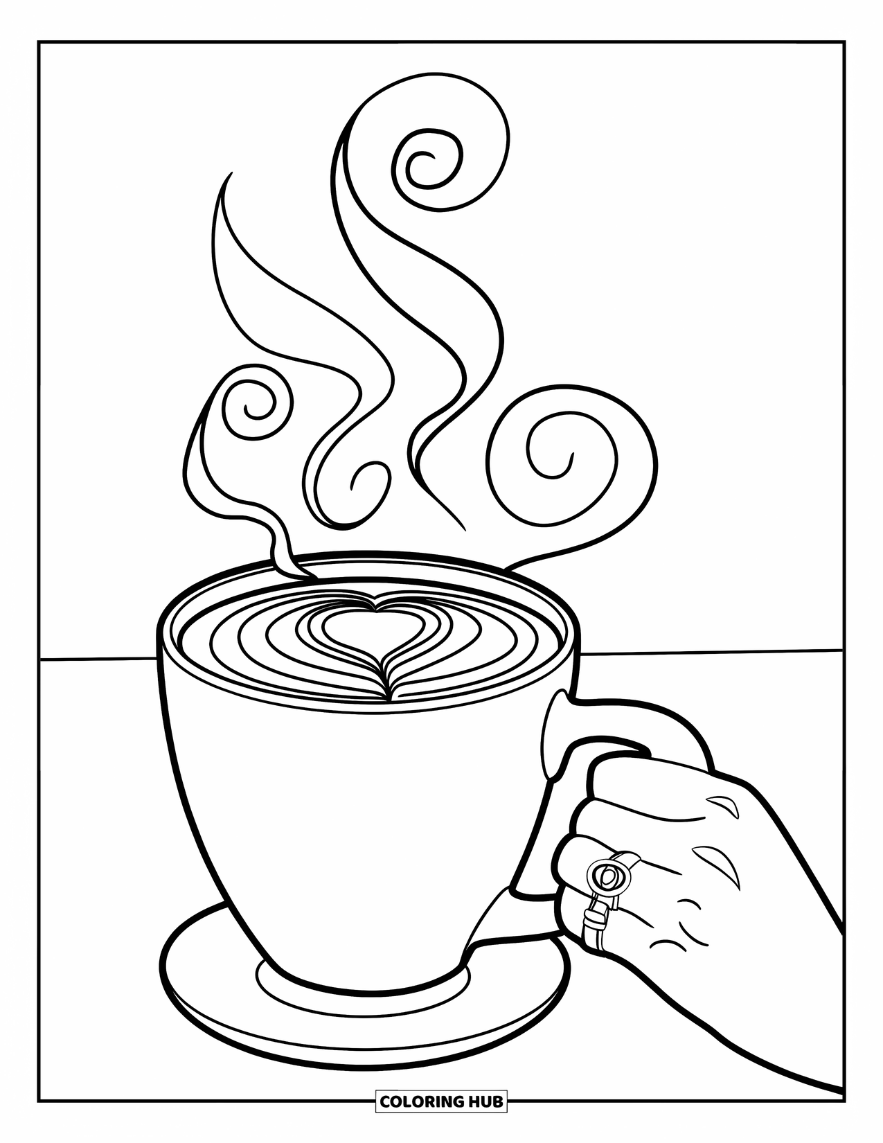 Hot Chocolate Coloring Page for Kids: A hand holding a cocoa mug with latte art and gentle steam swirls