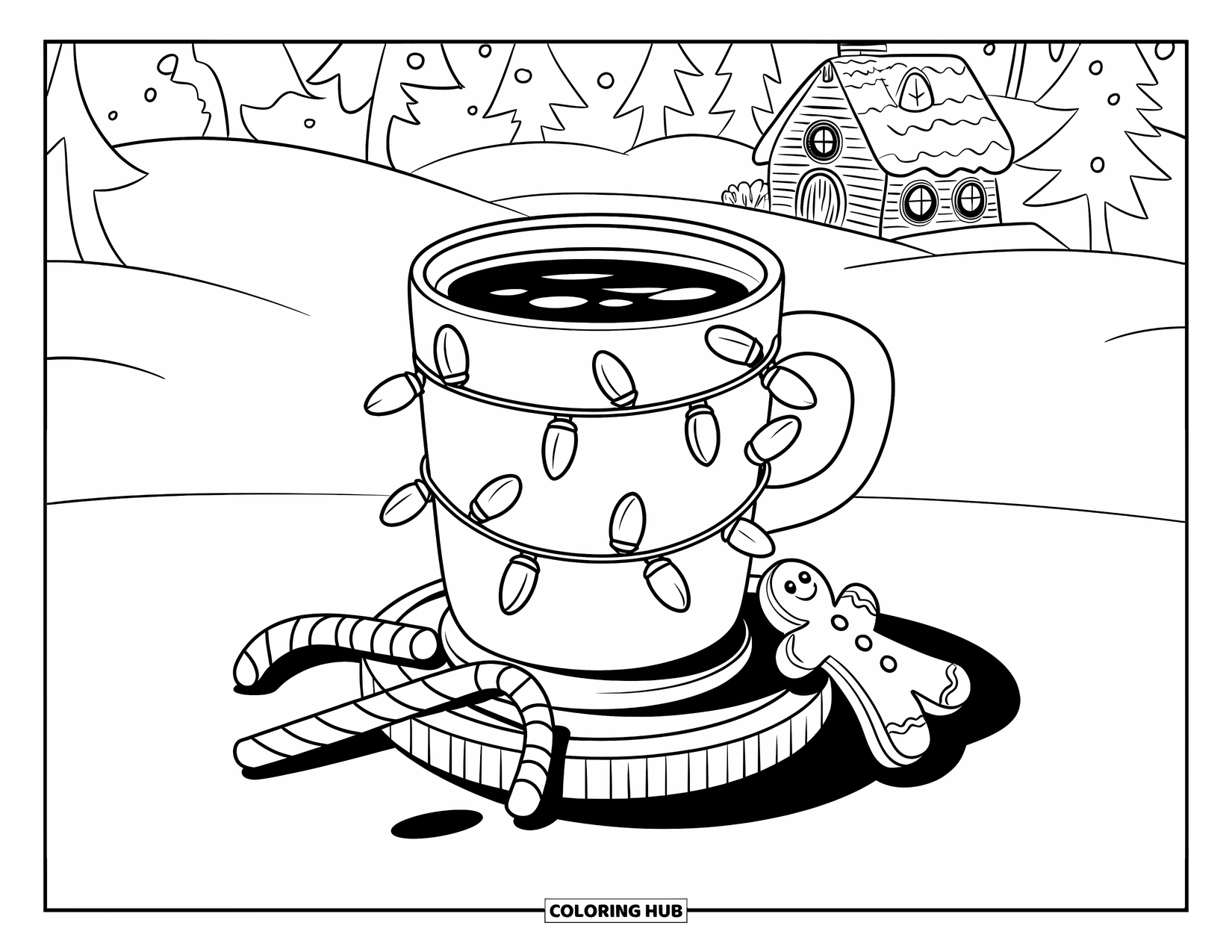 Hot Chocolate Coloring Page for Kids: A holiday cocoa mug with lights, candy canes, and a gingerbread man by a cottage