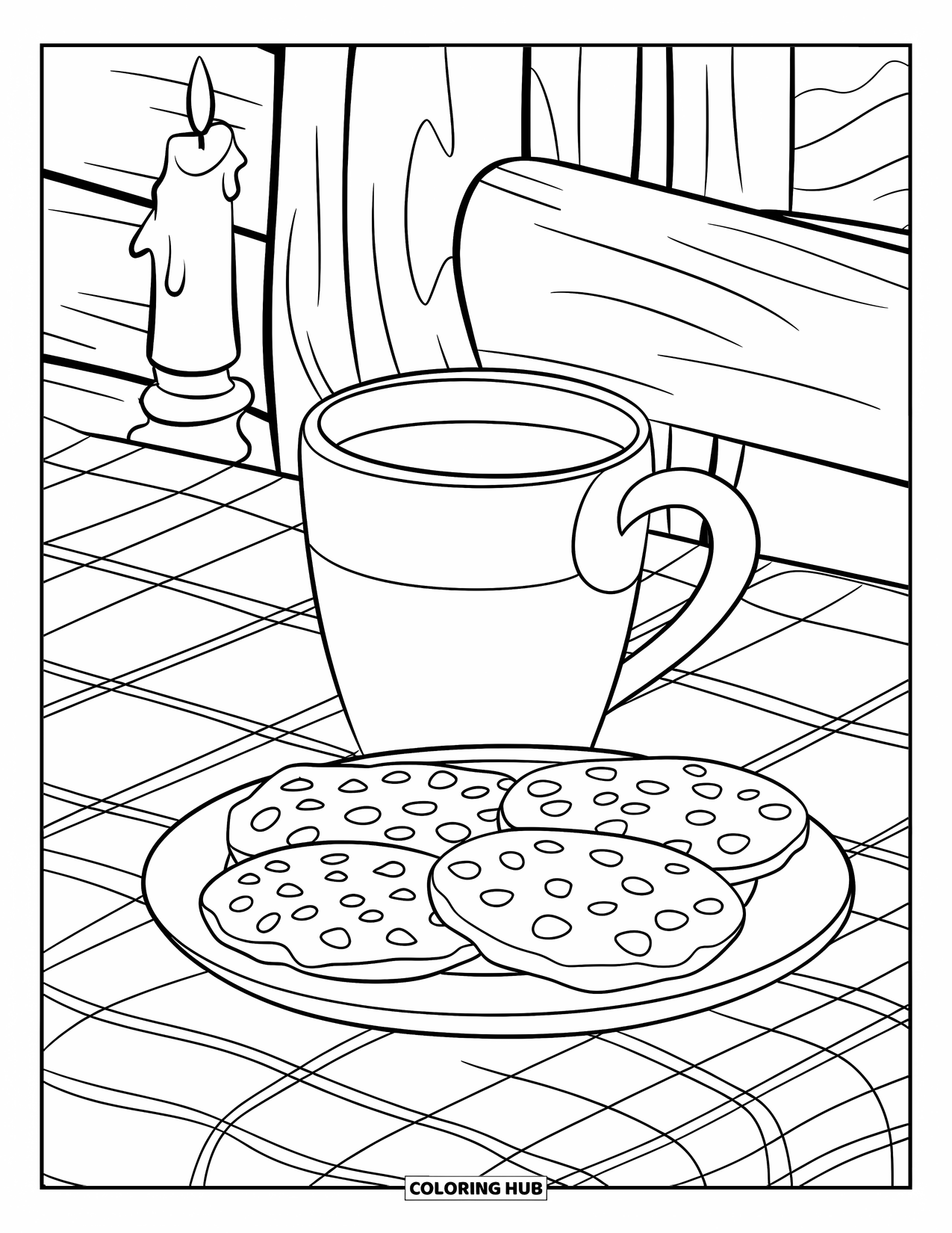 Hot Chocolate Coloring Page for Kids: A hot chocolate mug and cookies on a rustic table with a candle nearby