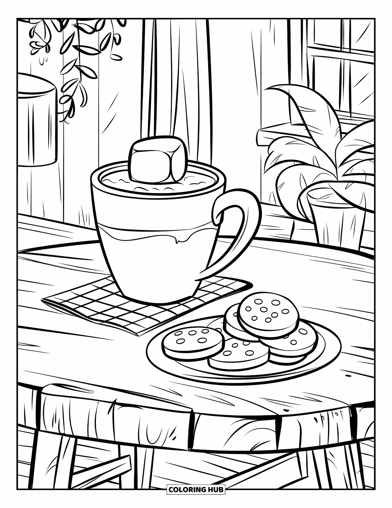Hot Chocolate Coloring Page for Kids: A marshmallow-topped cocoa mug and cookies on a table in a cozy room