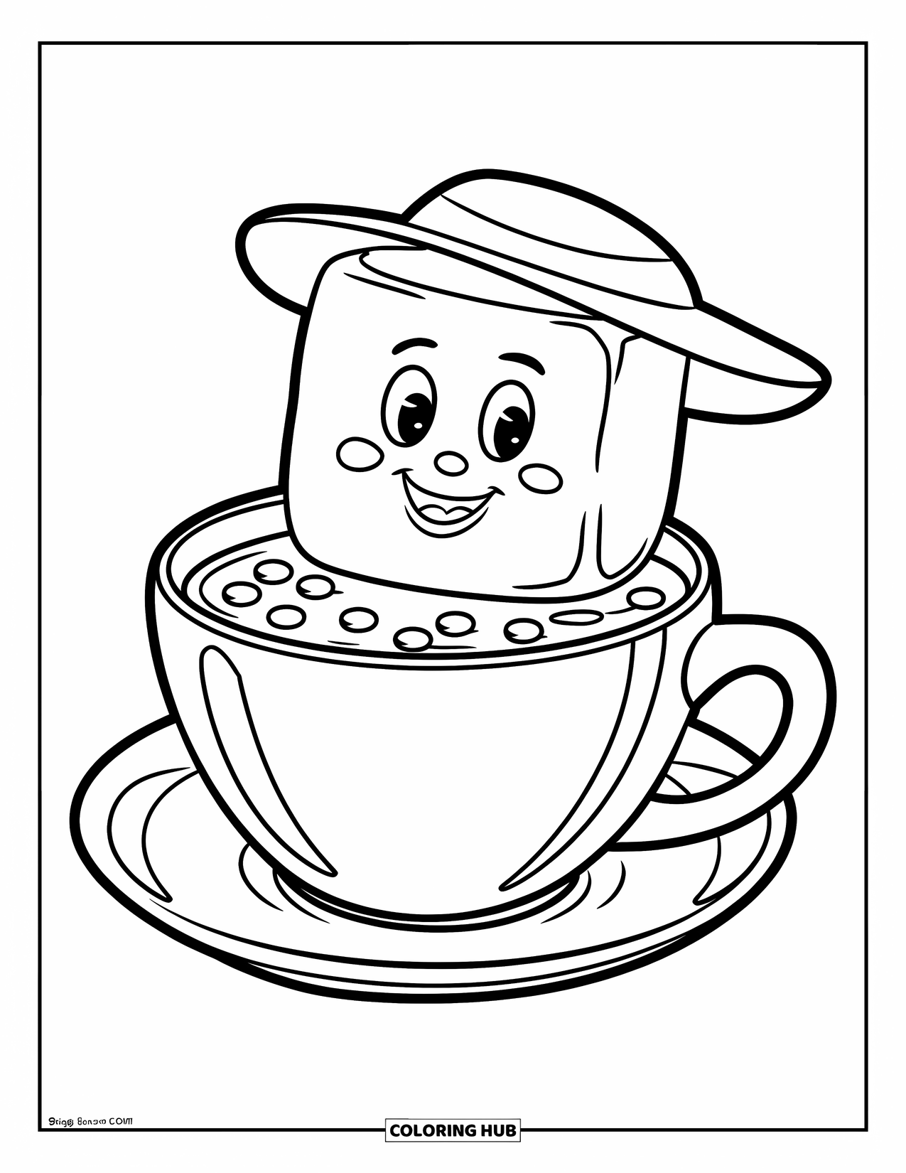 Hot Chocolate Coloring Page for Kids: A marshmallow with a hat sitting on a cocoa cup with chocolate chips