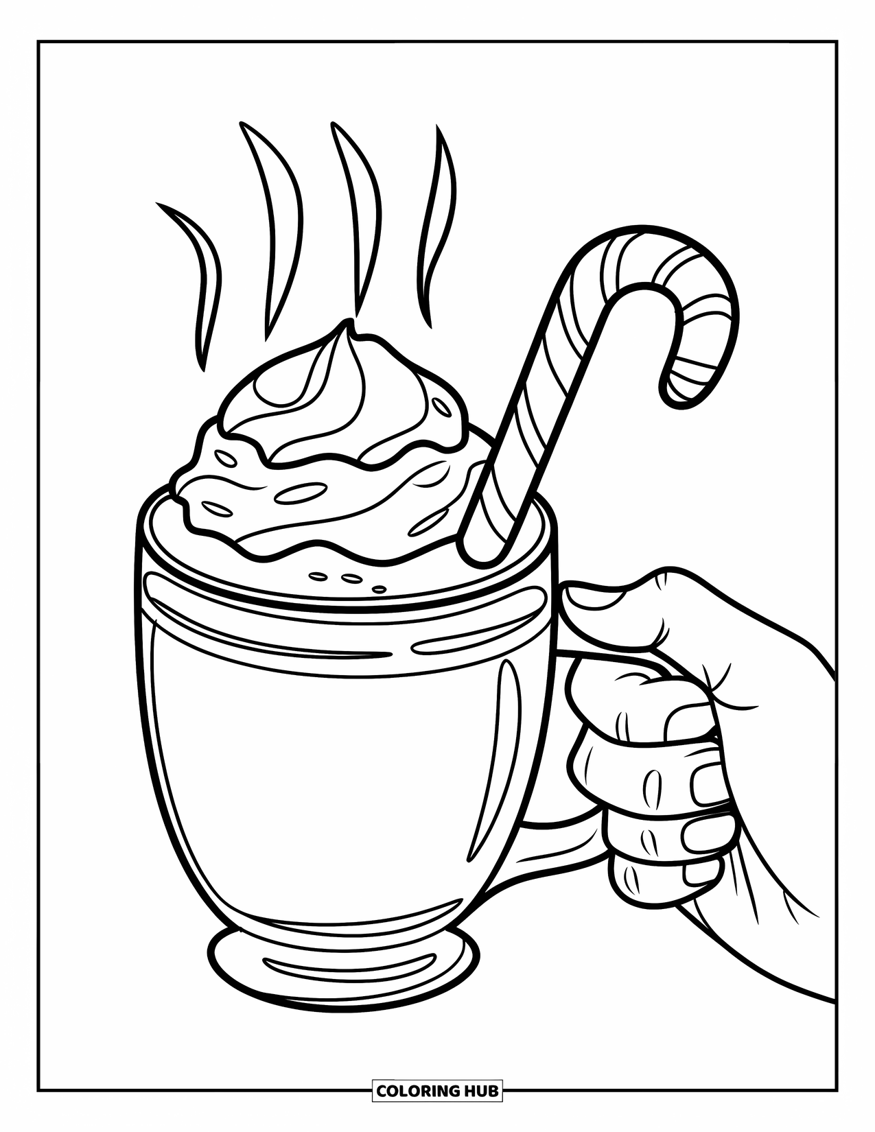 Hot Chocolate Coloring Page for Kids: A mug of hot chocolate with whipped cream and a candy cane