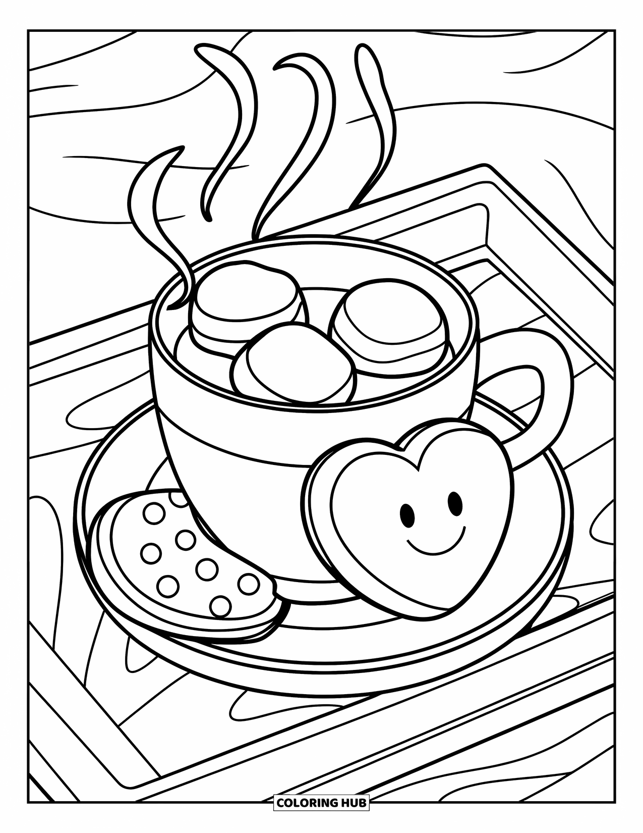 Hot Chocolate Coloring Page for Kids: A mug with marshmallows and a heart-shaped cookie on a tray