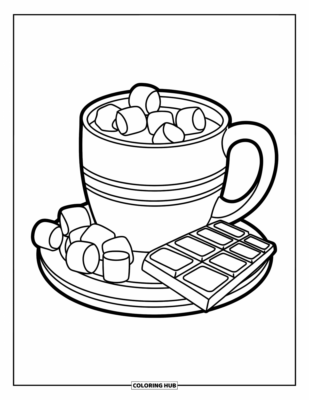 Hot Chocolate Coloring Page for Kids: A mug with marshmallows and chocolate resting on a round coaster