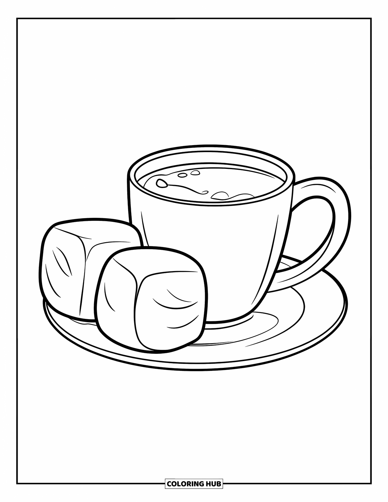 Hot Chocolate Coloring Page for Kids: A small cocoa mug with marshmallows and cocoa foam on a plate