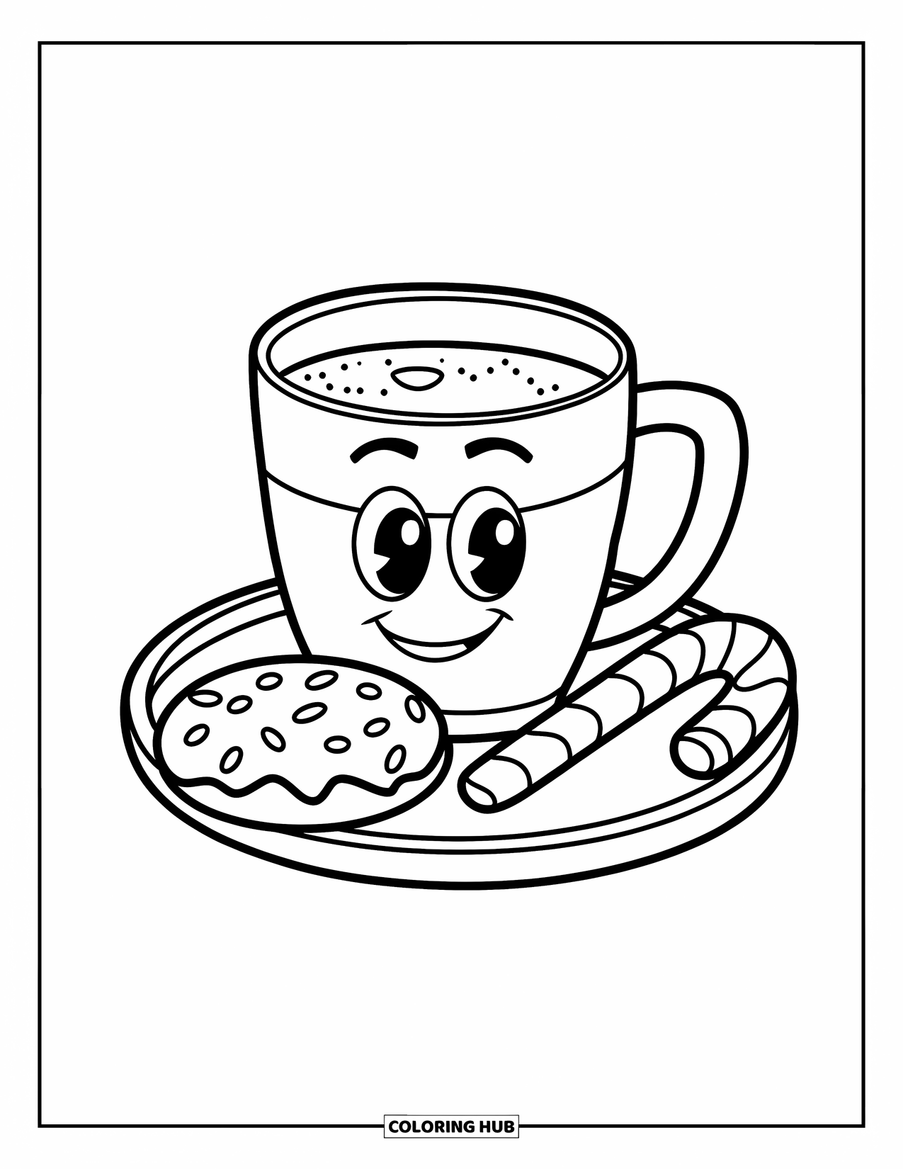 Hot Chocolate Coloring Page for Kids: A smiling cocoa mug with a cookie on a wooden tray